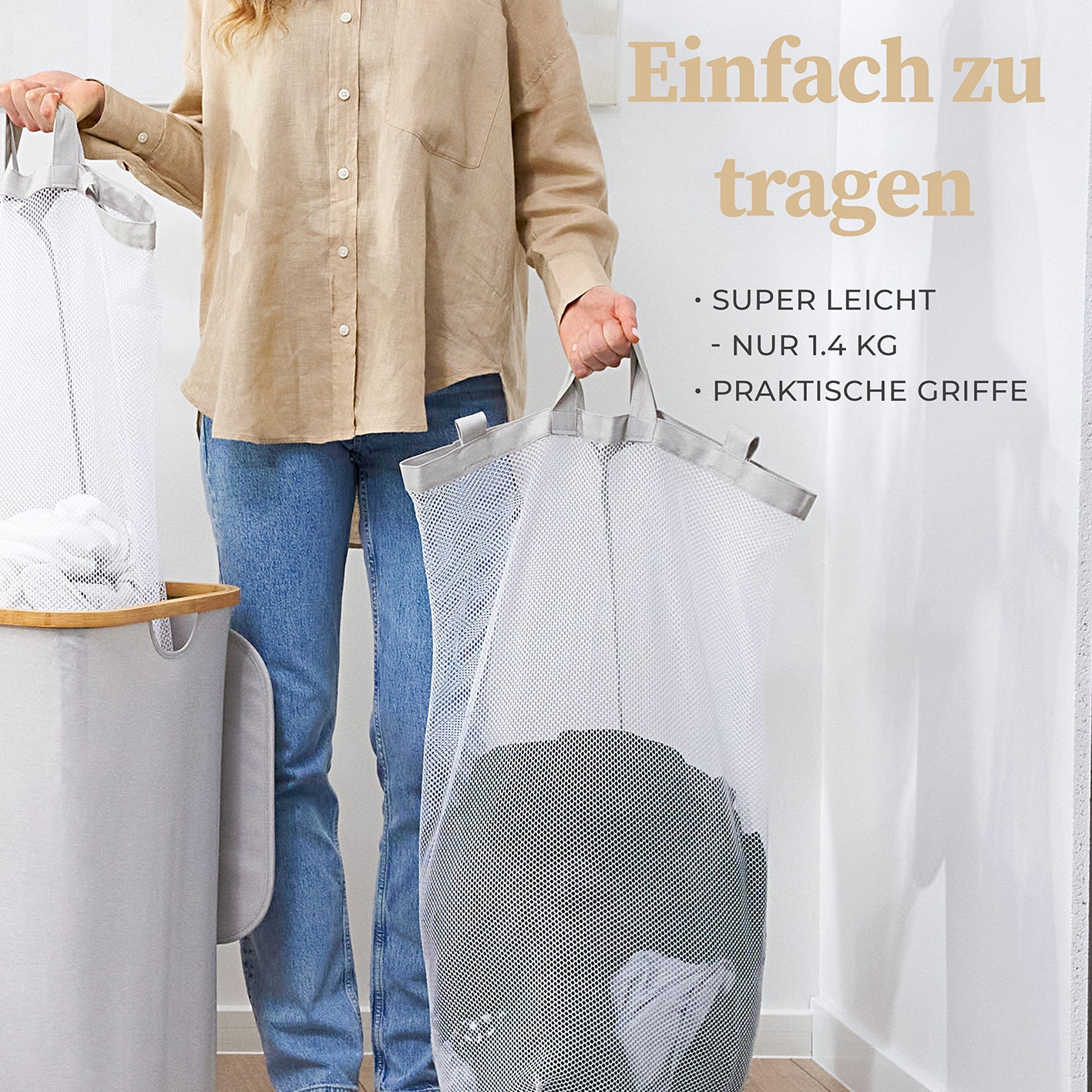 Aufbewahrungskorb "Adrian" 100 l mit Deckel in Beige-Grau, leichter Wäschesack mit praktischen Griffen und waschbarem Material.