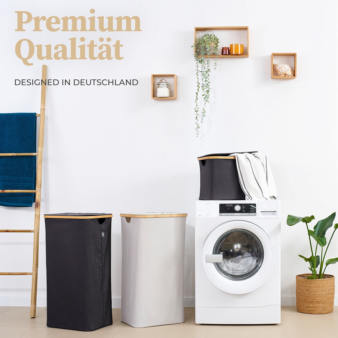 Aufbewahrungskorb "Adrian" 100 l mit Deckel in Beige-Grau, waschbar, faltbar, mit Bambus-Applikation, ideal für Wäsche und Bad.