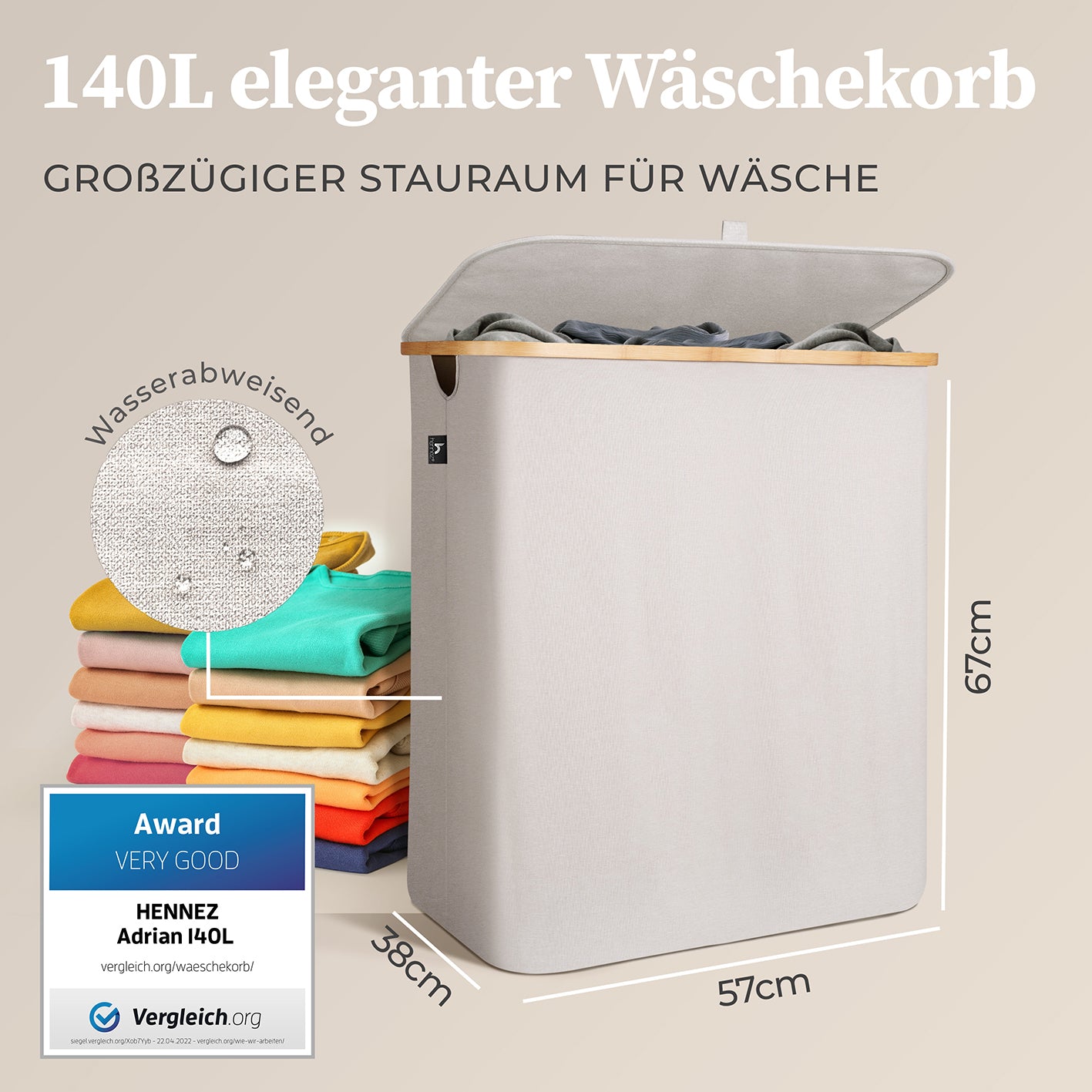 Aufbewahrungskorb "Adrian" 140 l mit Deckel – beige-grauer, wasserabweisender Wäschekorb mit großem Stauraum und schickem Design.