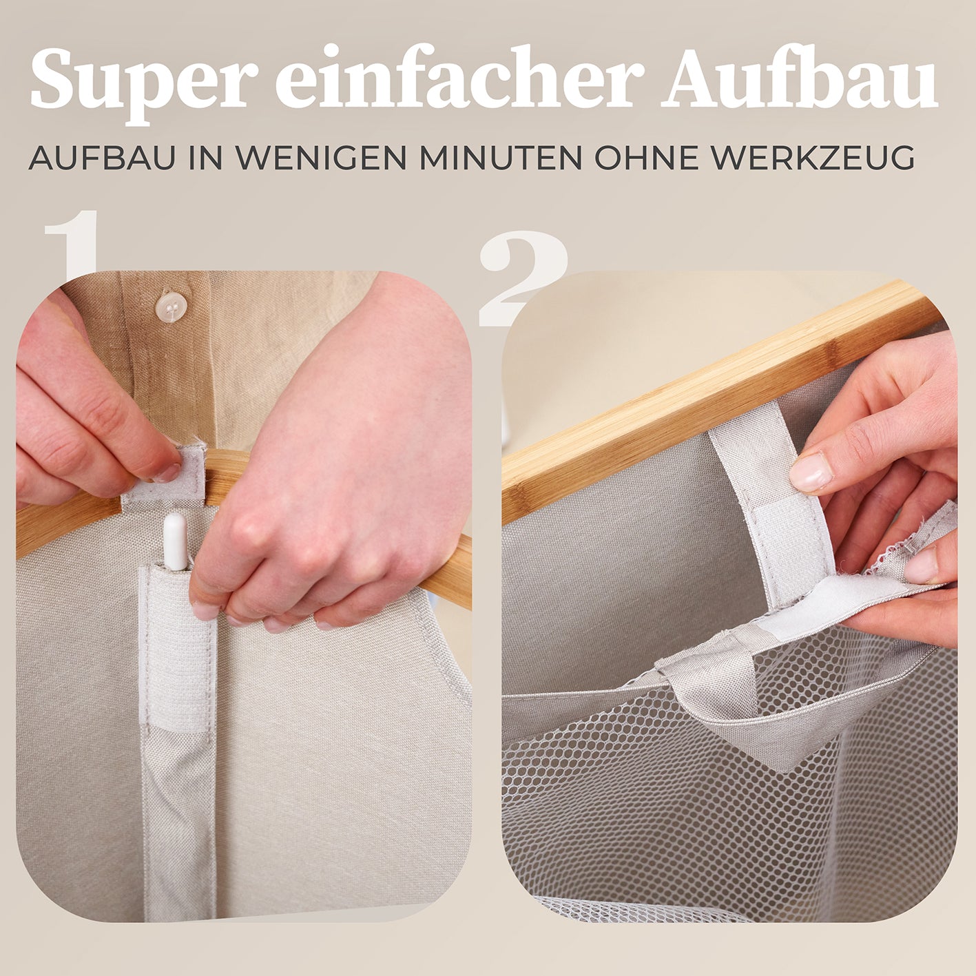 Aufbewahrungskorb "Adrian" 140 l mit Deckel in Beige-Grau, einfacher Aufbau ohne Werkzeug, stabil und klappbar.