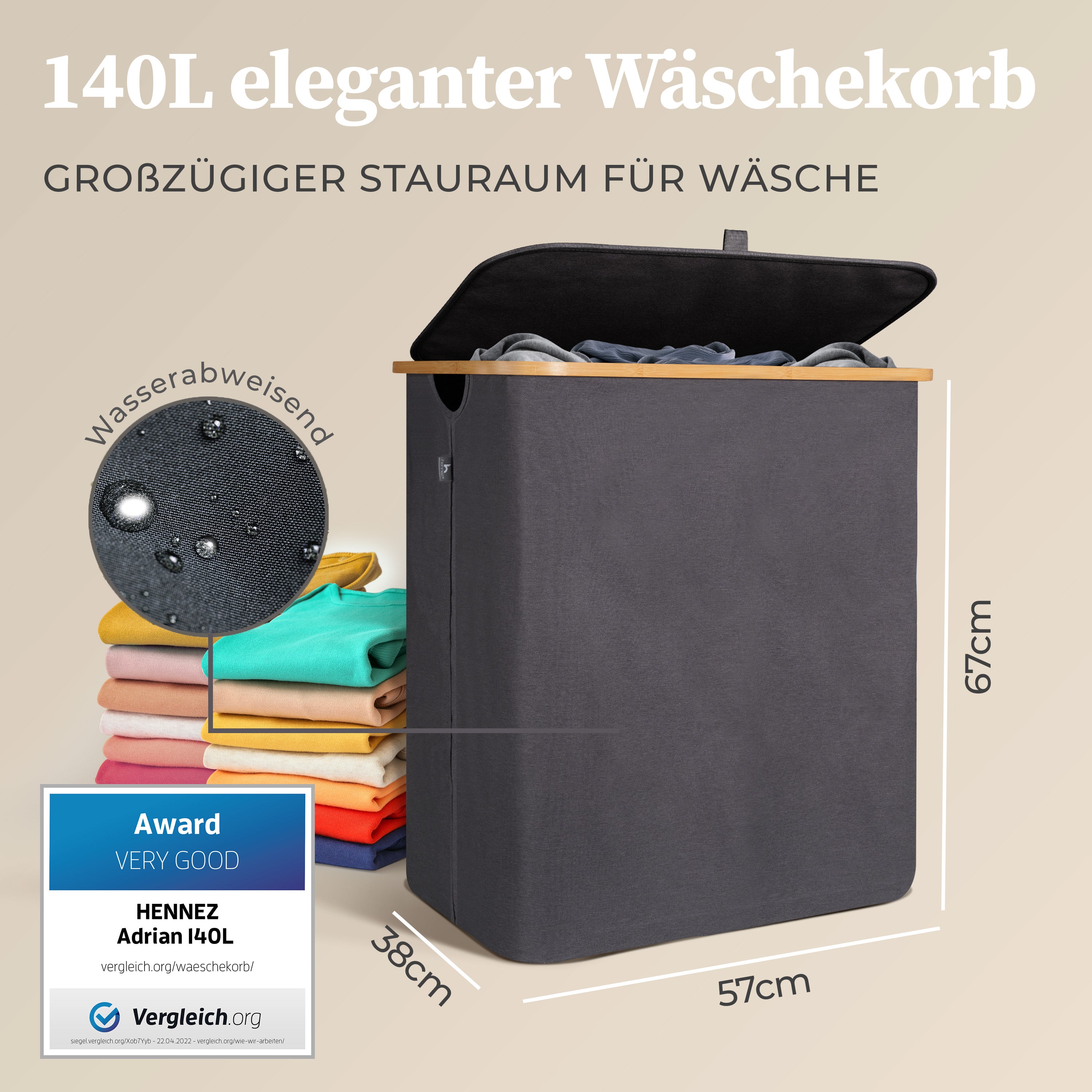Aufbewahrungskorb "Adrian" 140 l mit Deckel, dunkelgrau, wasserabweisend, großer Wäschesammler mit Bambus-Applikation.
