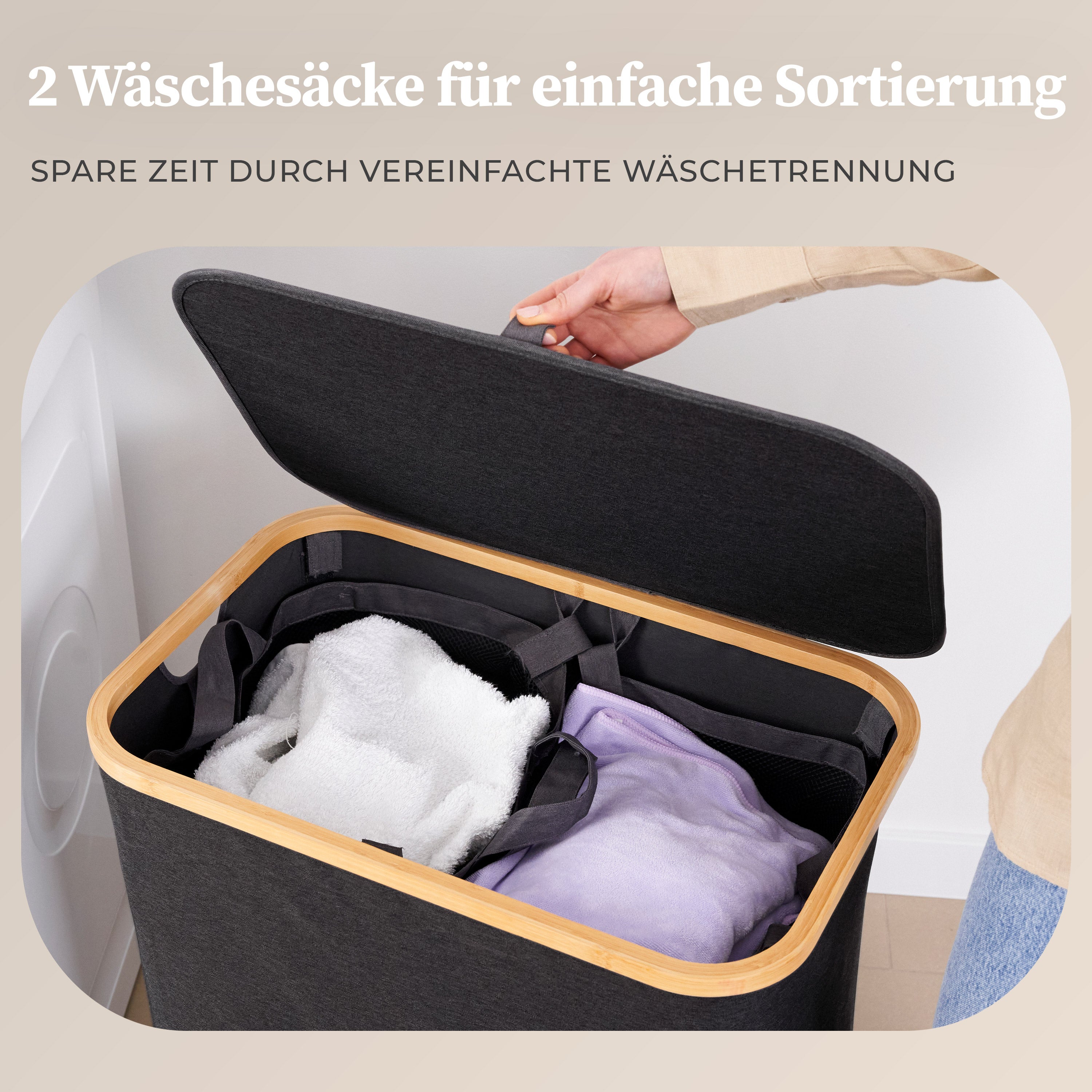 Aufbewahrungskorb "Adrian" 140 l mit Deckel – Wäschekorb dunkelgrau mit 2 Fächern und waschbaren Innensäcken für einfache Sortierung.