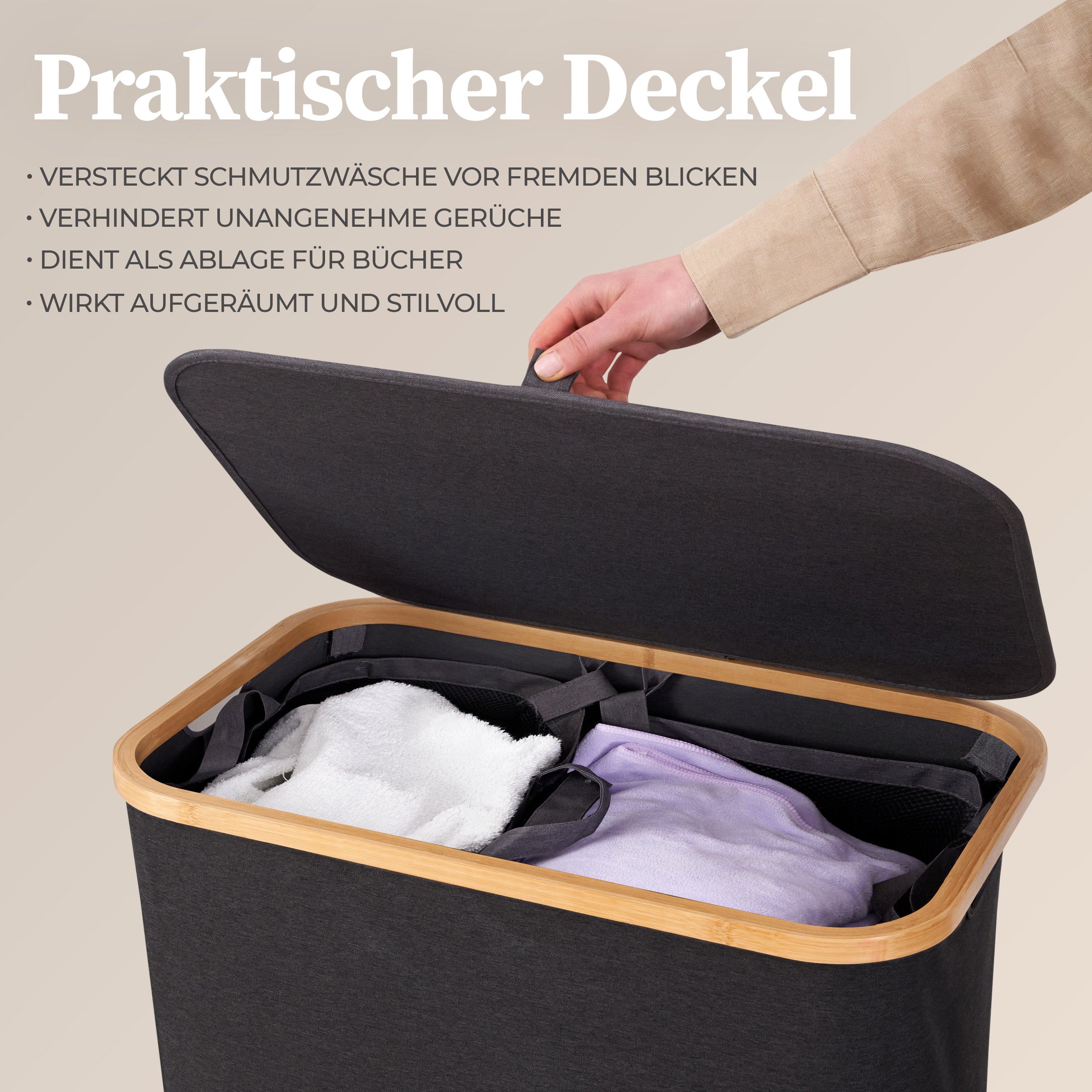 Aufbewahrungskorb "Adrian" 140 l mit Deckel in Dunkelgrau, verschließbar, mit praktischem Bambusrahmen und Trenneinsatz.