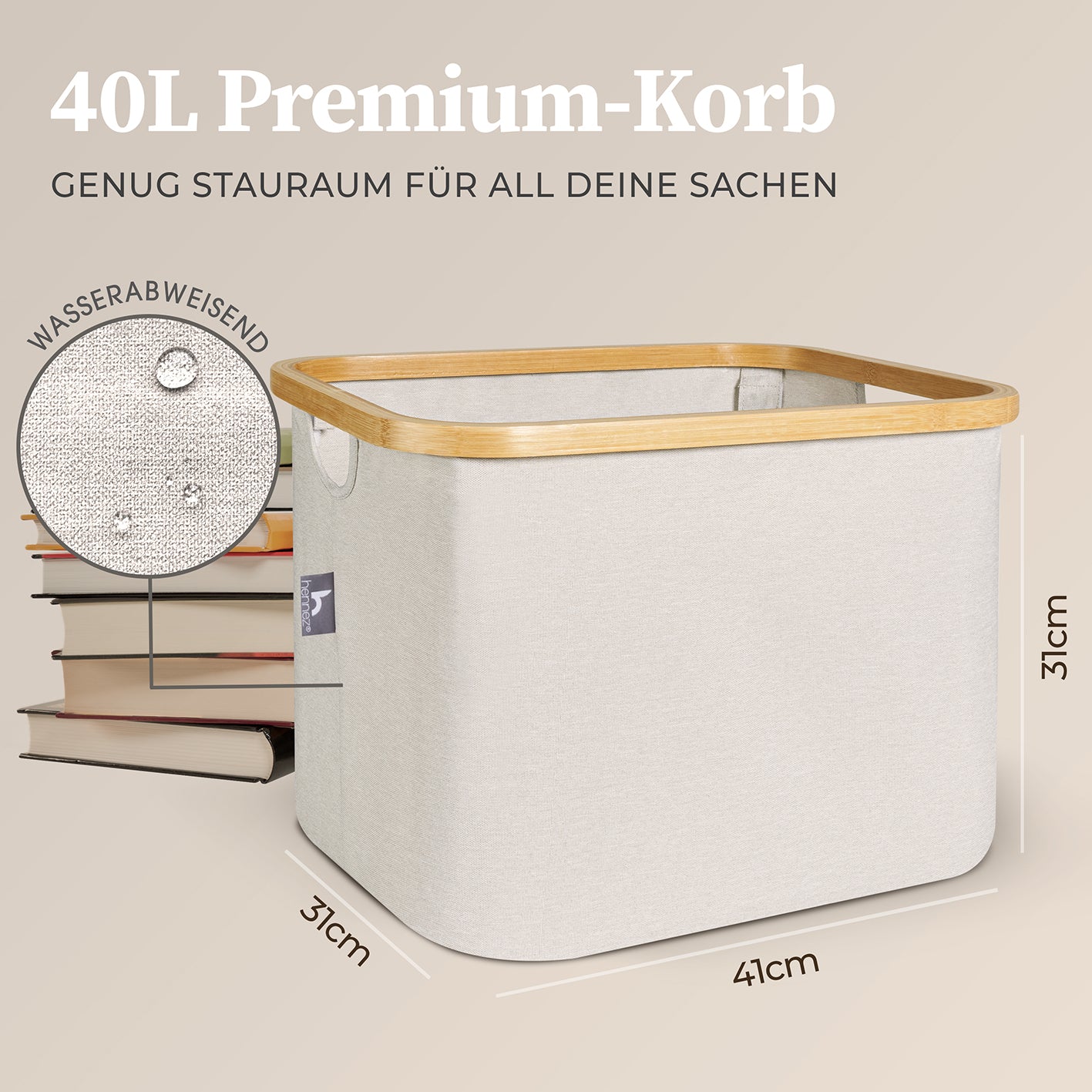 Aufbewahrungskorb "Adrian" 40 l - Beige/Grau, faltbar mit Bambusrahmen, wasserabweisend, passend für IKEA Kallax-Regale, modernes Design.