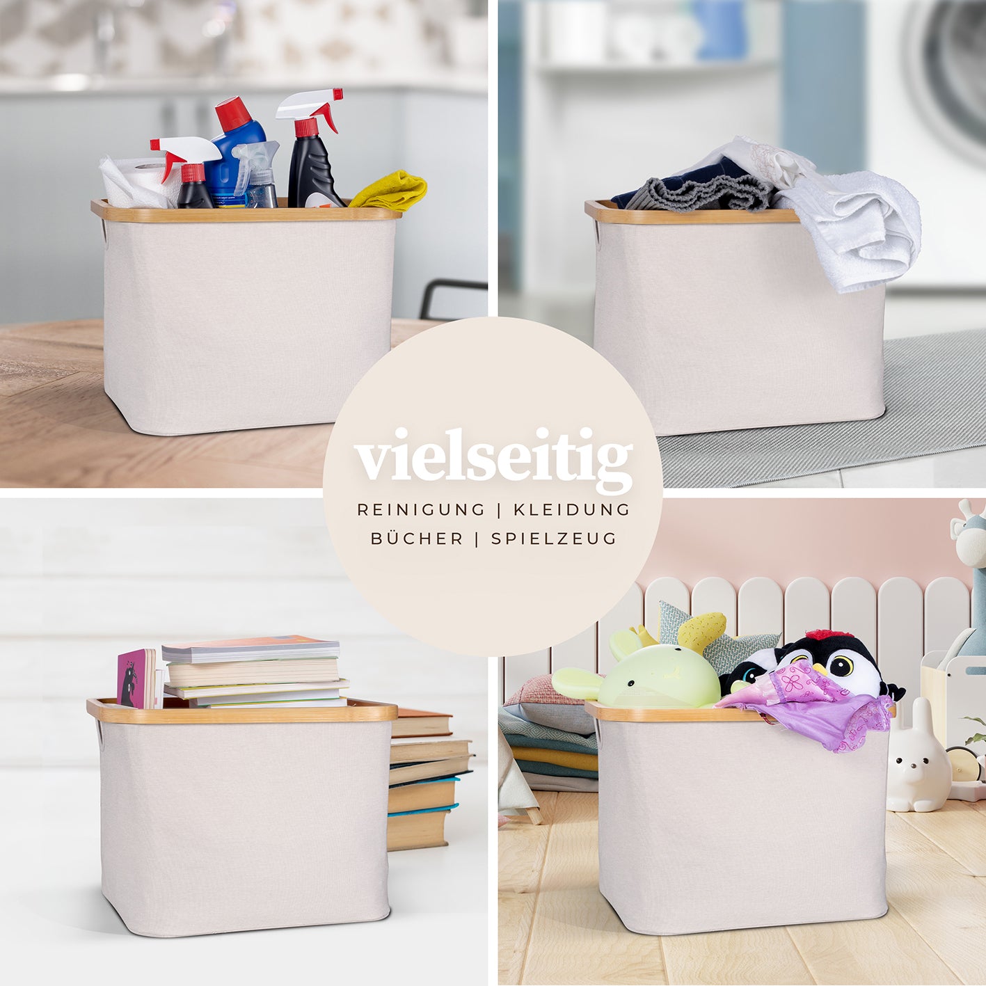 Aufbewahrungskorb "Adrian" 40 l Beige/Grau, faltbar mit Bambusrahmen, vielseitig für Wäsche, Bücher, Spielzeug und mehr.