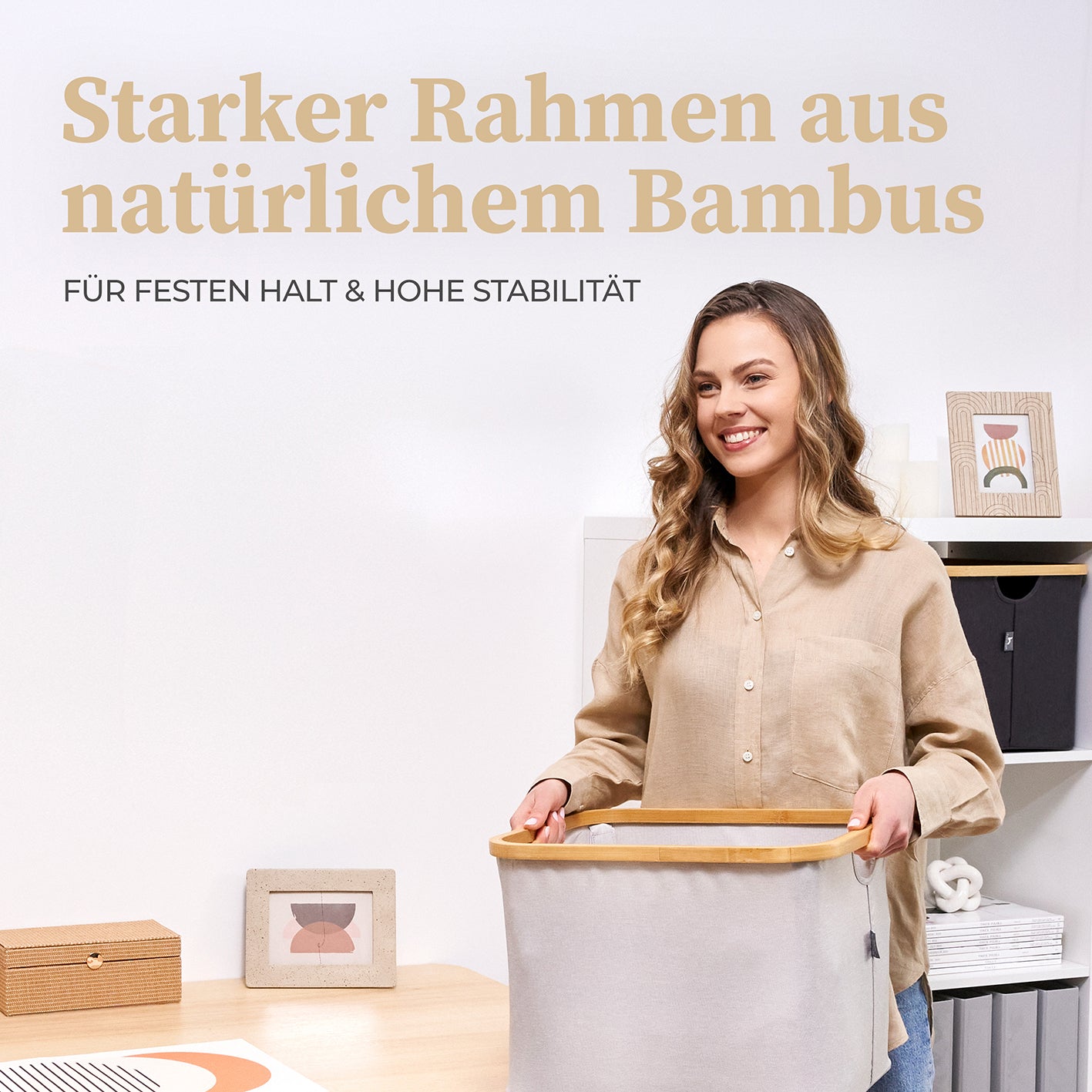 Aufbewahrungskorb "Adrian" 40 l beige/grau mit Bambusrahmen, faltbar, stabil, perfekt für Haushalt und IKEA Kallax Regale.