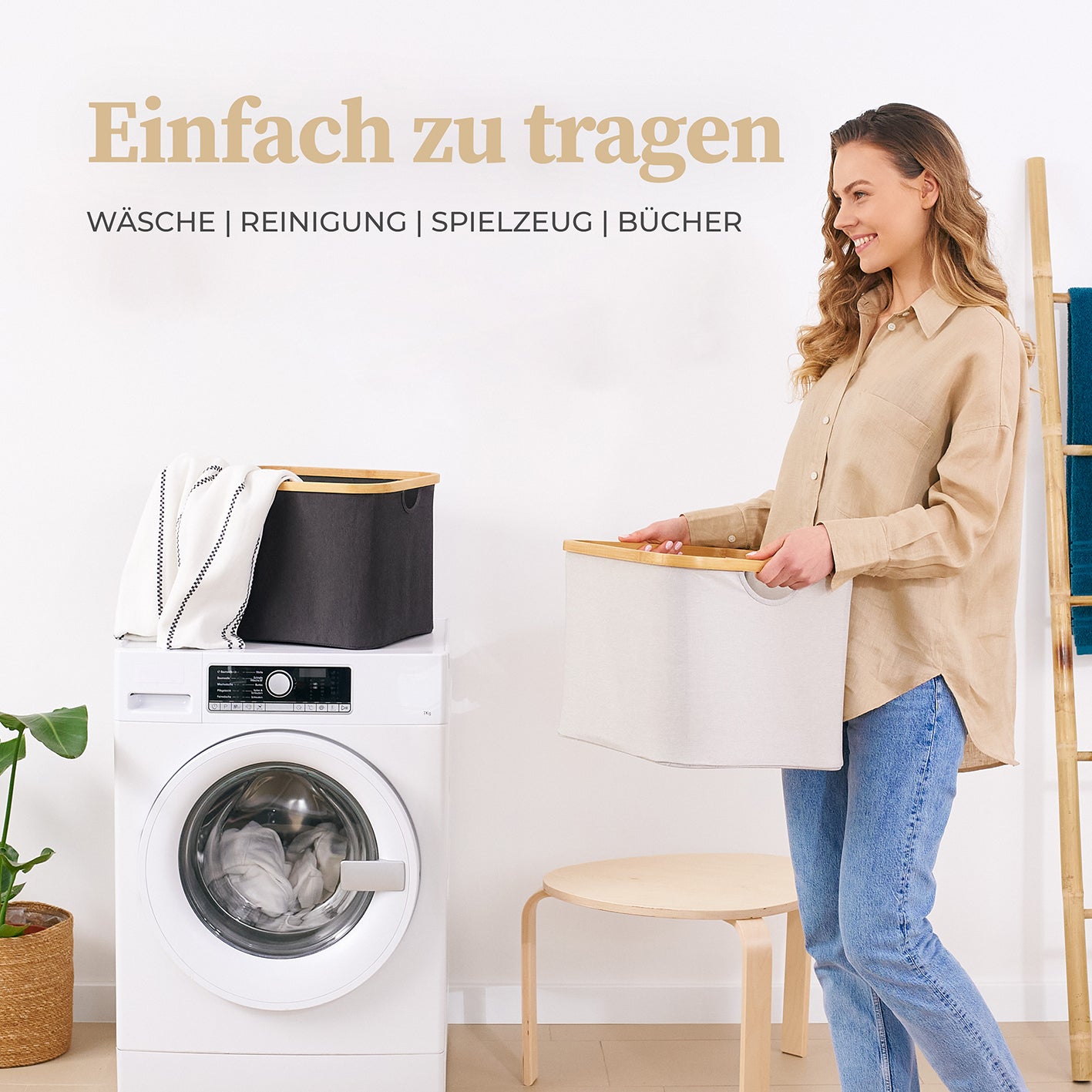 Aufbewahrungskorb "Adrian" 40 l in Beige/Grau, großer faltbarer Wäschekorb mit Bambusrahmen für einfaches Tragen und vielseitige Nutzung.