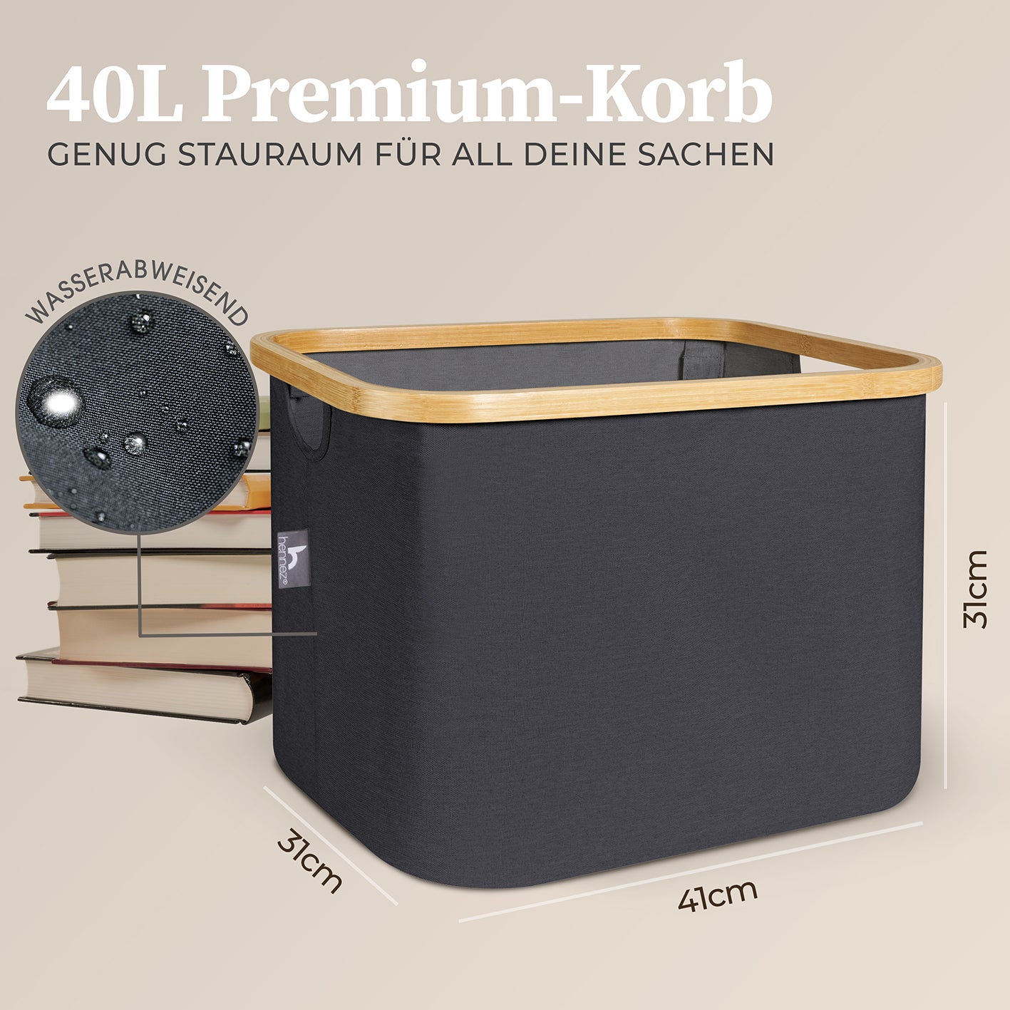 Aufbewahrungskorb "Adrian" 40 l Dunkelgrau mit Bambusrahmen, wasserabweisend, faltbar, 41x31x31 cm, ideal für Wäsche und Spielzeug.
