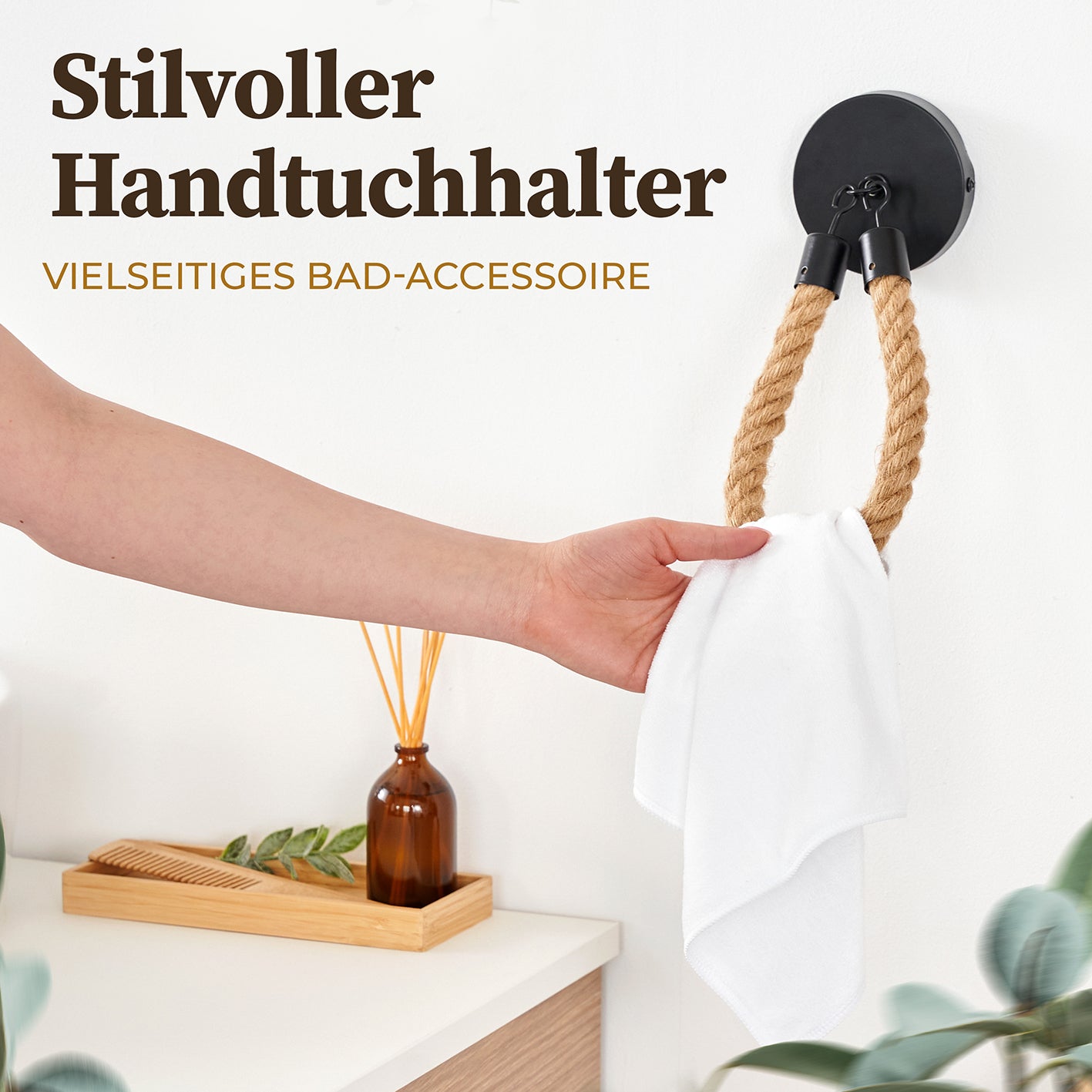 Toilettenpapierhalter - Mattschwarz mit natürlichem Juteseil als stilvoller Handtuchhalter für modernes Badezimmerdesign