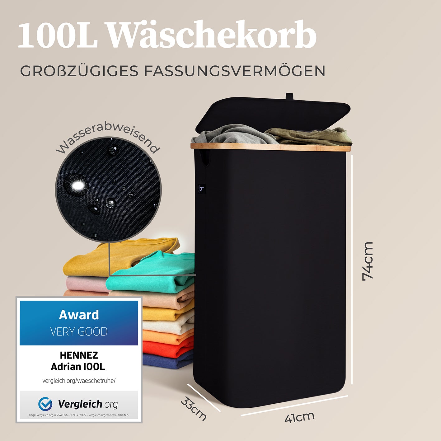 Aufbewahrungskorb "Adrian" 100 l mit Deckel in Schwarz, wasserabweisend, robust, mit Bambus-Applikation, ideal für Wäscheaufbewahrung.