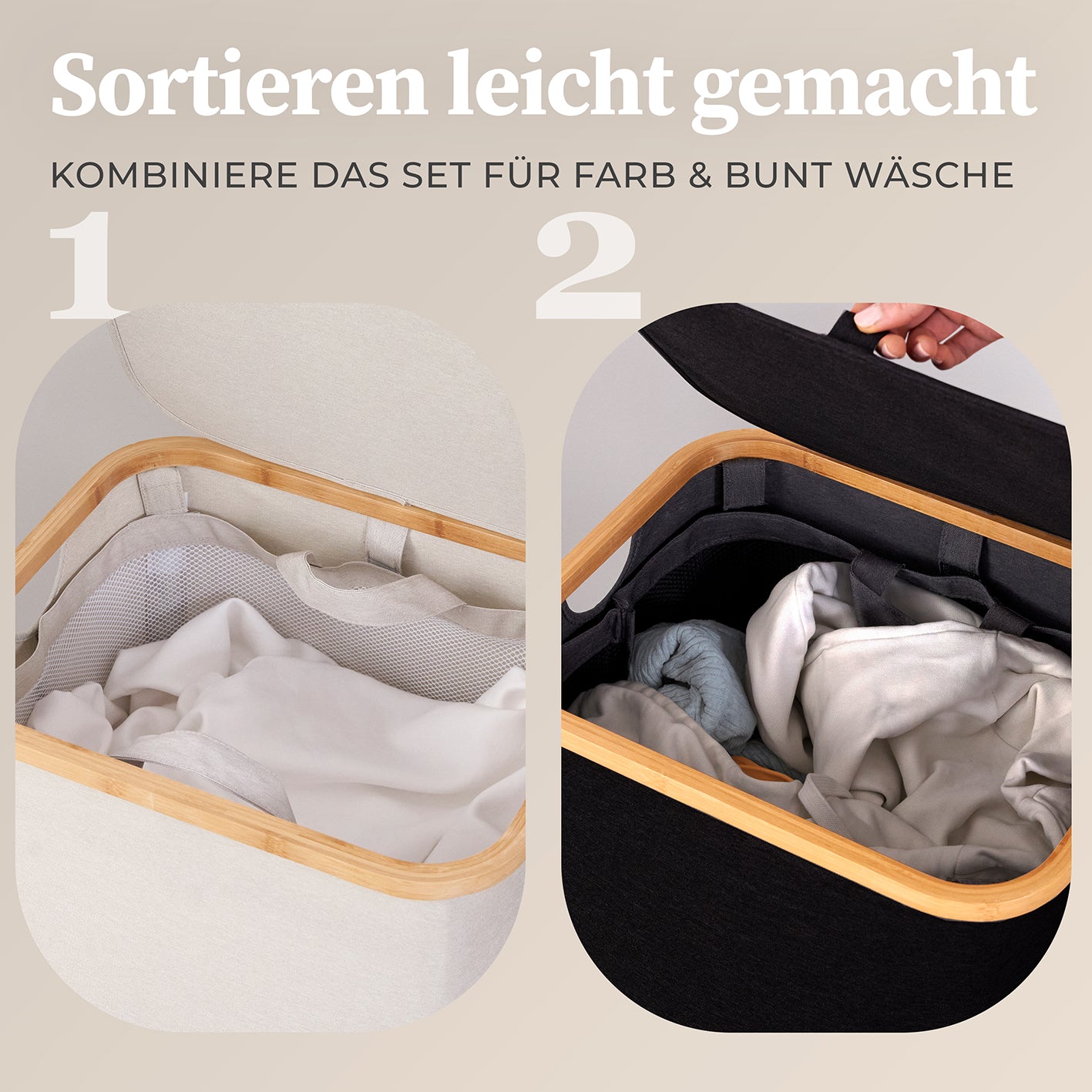 Aufbewahrungskorb "Adrian" 100 l mit Deckel - Schwarz, verschließbar, klappbar, waschbar, mit Bambus-Applikation, ideal für Wäscheaufbewahrung.