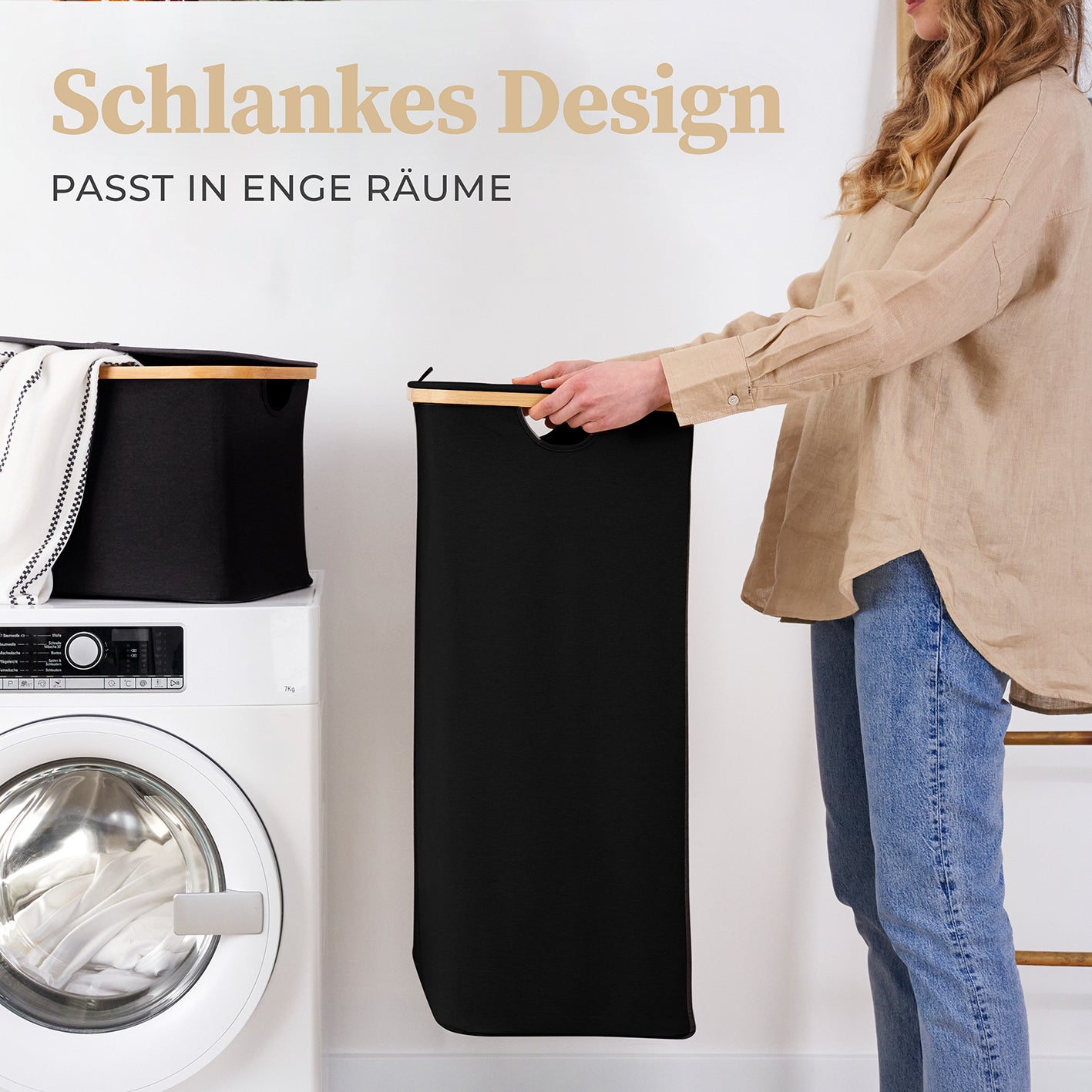 Aufbewahrungskorb "Adrian" 100 l mit Deckel - schwarzer, verschließbarer Wäschekorb mit Bambus-Applikation und schlankem Design.