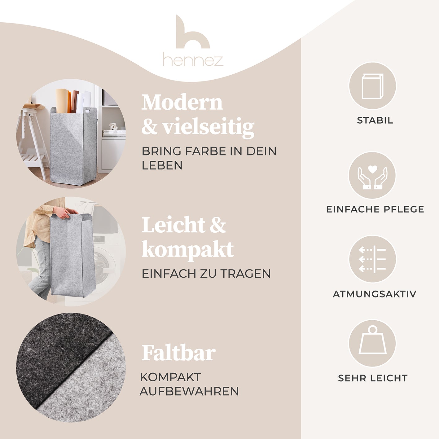 Filz-Aufbewahrungskorb "Katy" 80 l Hellgrau, stabil, faltbar, leicht zu tragen, vielseitig für Wäsche, Spielzeug und mehr.