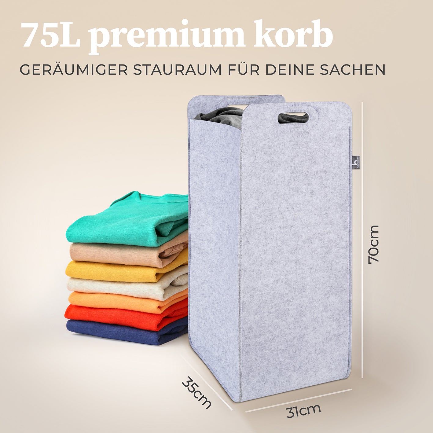 Filz-Aufbewahrungskorb "Katy" 80 l Hellgrau, faltbar, platzsparend, mit Griffen, ideal für Wäsche, Spielzeug und Aufbewahrung.
