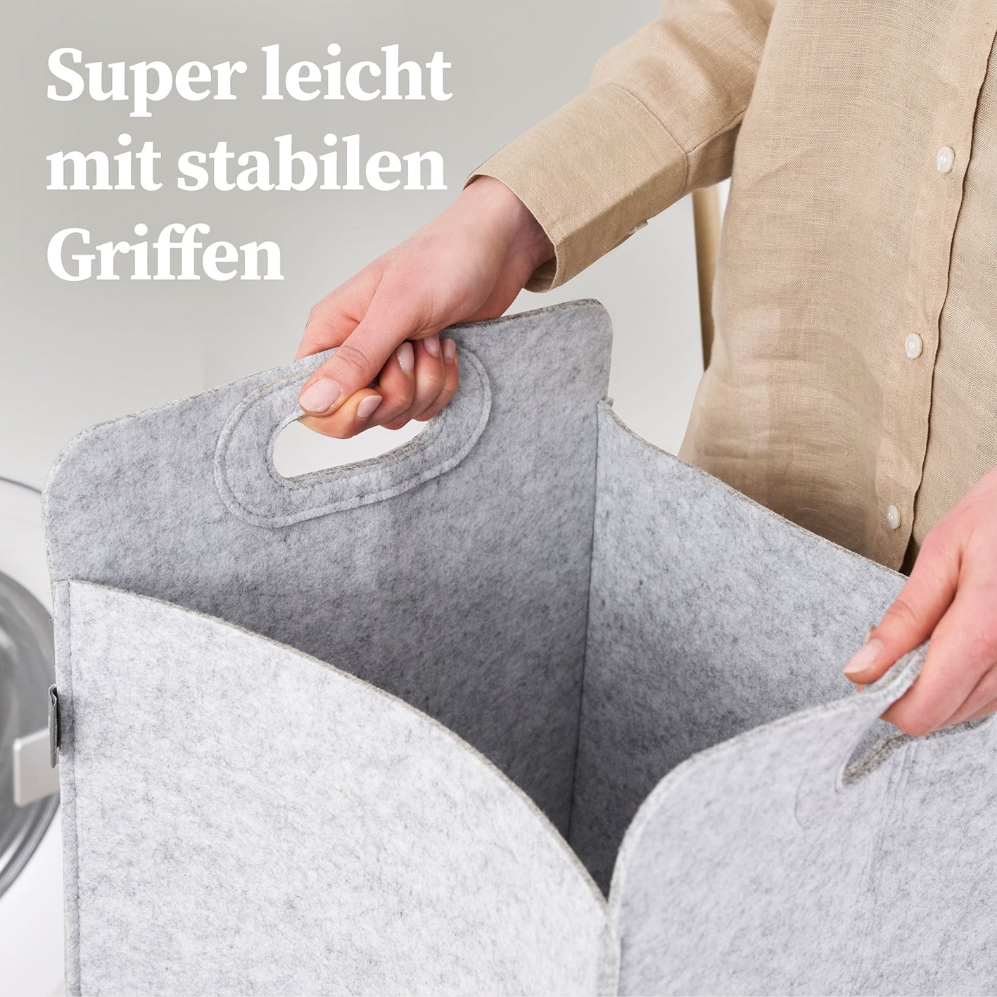 Filz-Aufbewahrungskorb "Katy" 80 l Hellgrau mit stabilen Griffen, faltbar und platzsparend für Wäsche und mehr.