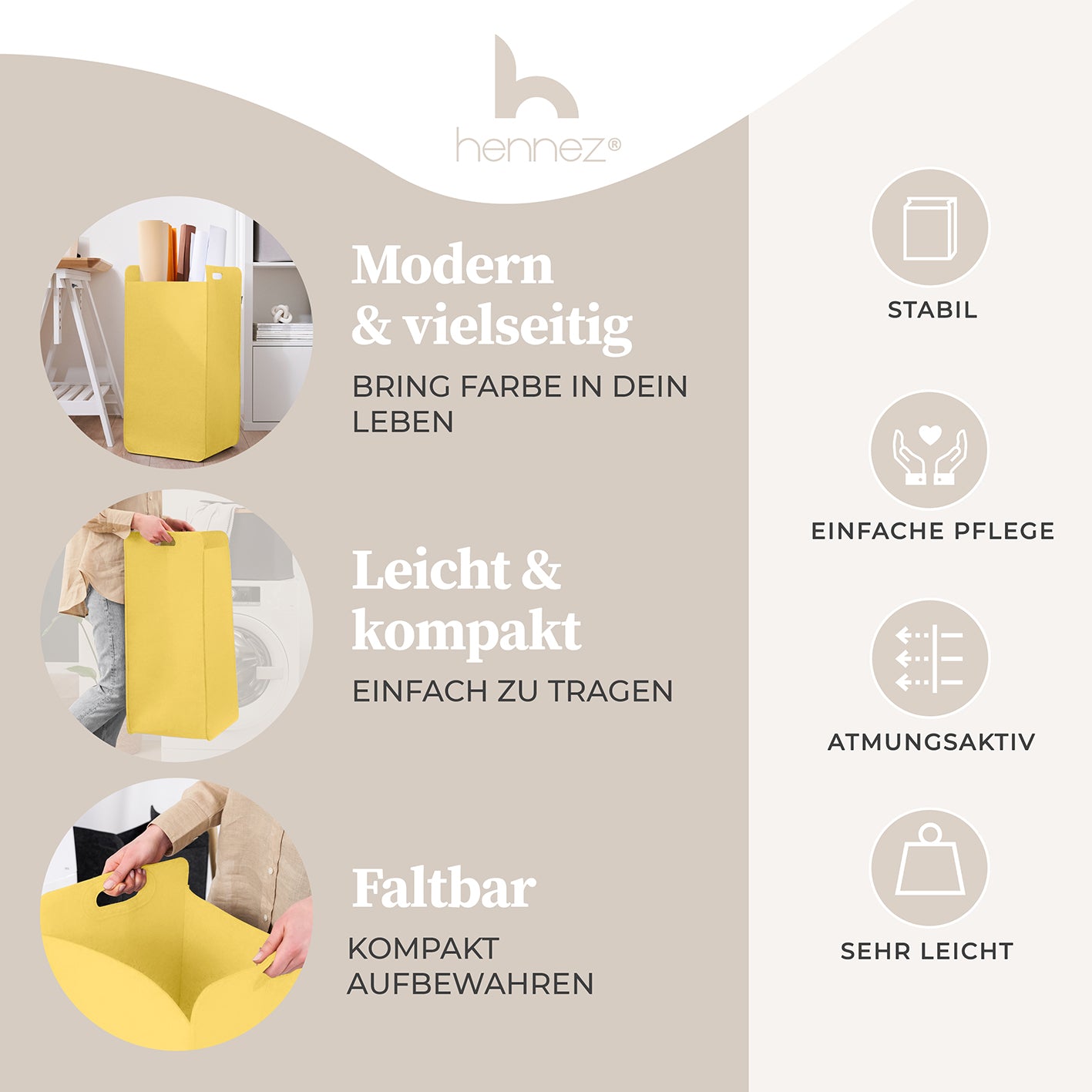 Filz-Aufbewahrungskorb "Katy" 75 l Gelb, faltbar, leicht, stabil, vielseitig für Wäsche, Spielzeug und mehr.