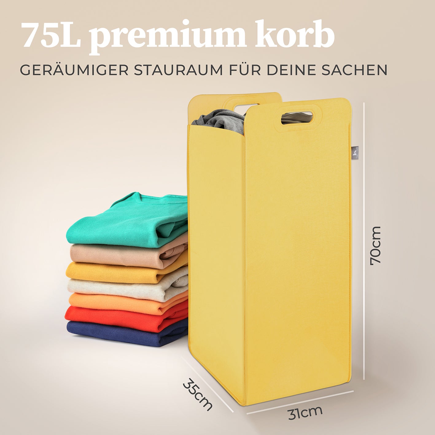 Filz-Aufbewahrungskorb "Katy" 75 l Gelb, großer Wäschesammler, faltbar, platzsparend, mit Griffen, ca. 31x35x67 cm, vielseitig einsetzbar.