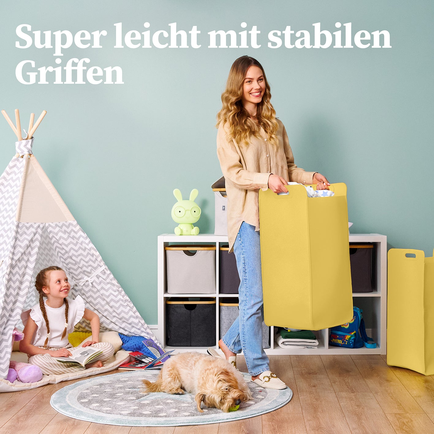 Filz-Aufbewahrungskorb "Katy" 75 l - Gelb, großer stabiler Wäschesammler mit Griffen, platzsparend und vielseitig nutzbar im Wohnbereich.