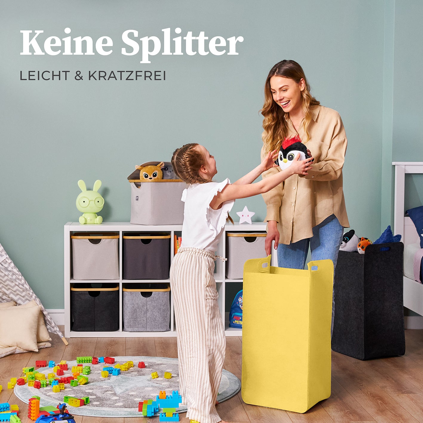 Filz-Aufbewahrungskorb "Katy" 75 l Gelb, großer, faltbarer Wäschesammler mit Griffen, vielseitig für Spielzeug und Wäsche.