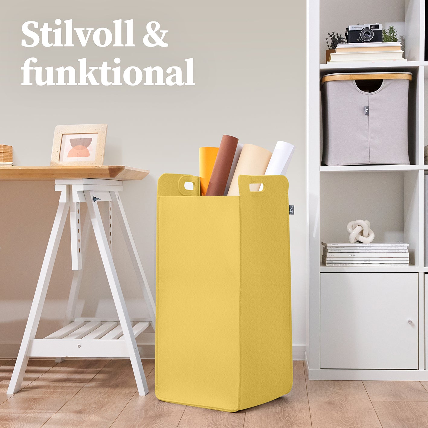 Filz-Aufbewahrungskorb "Katy" 75 l in Gelb, faltbar, platzsparend, mit praktischen Griffen, ideal für Wäsche und Aufbewahrung.