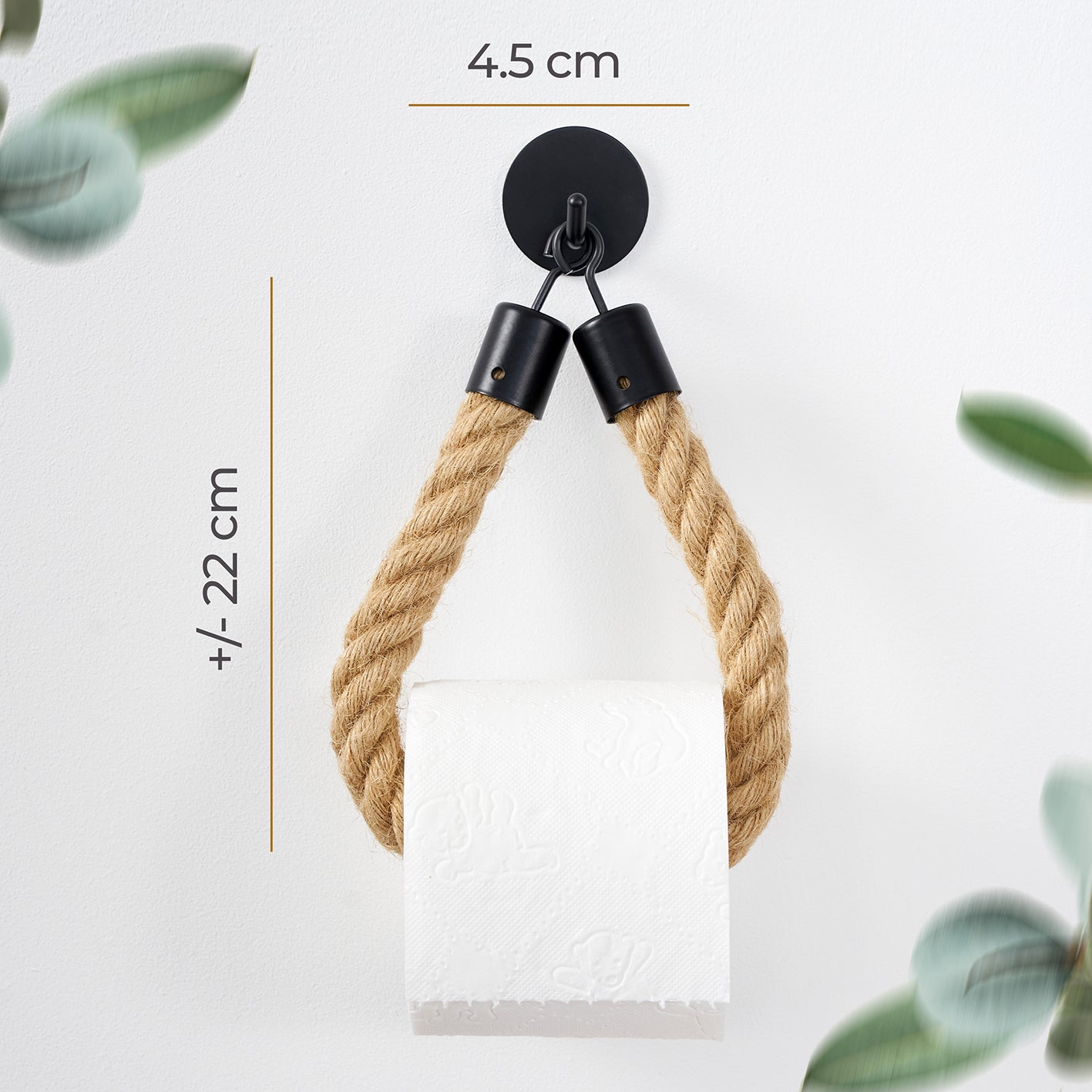 Toilettenpapierhalter ohne Bohren - Mattschwarz, handgefertigt aus Jute und Metall, modernes Design für einfache Montage ohne Bohren.