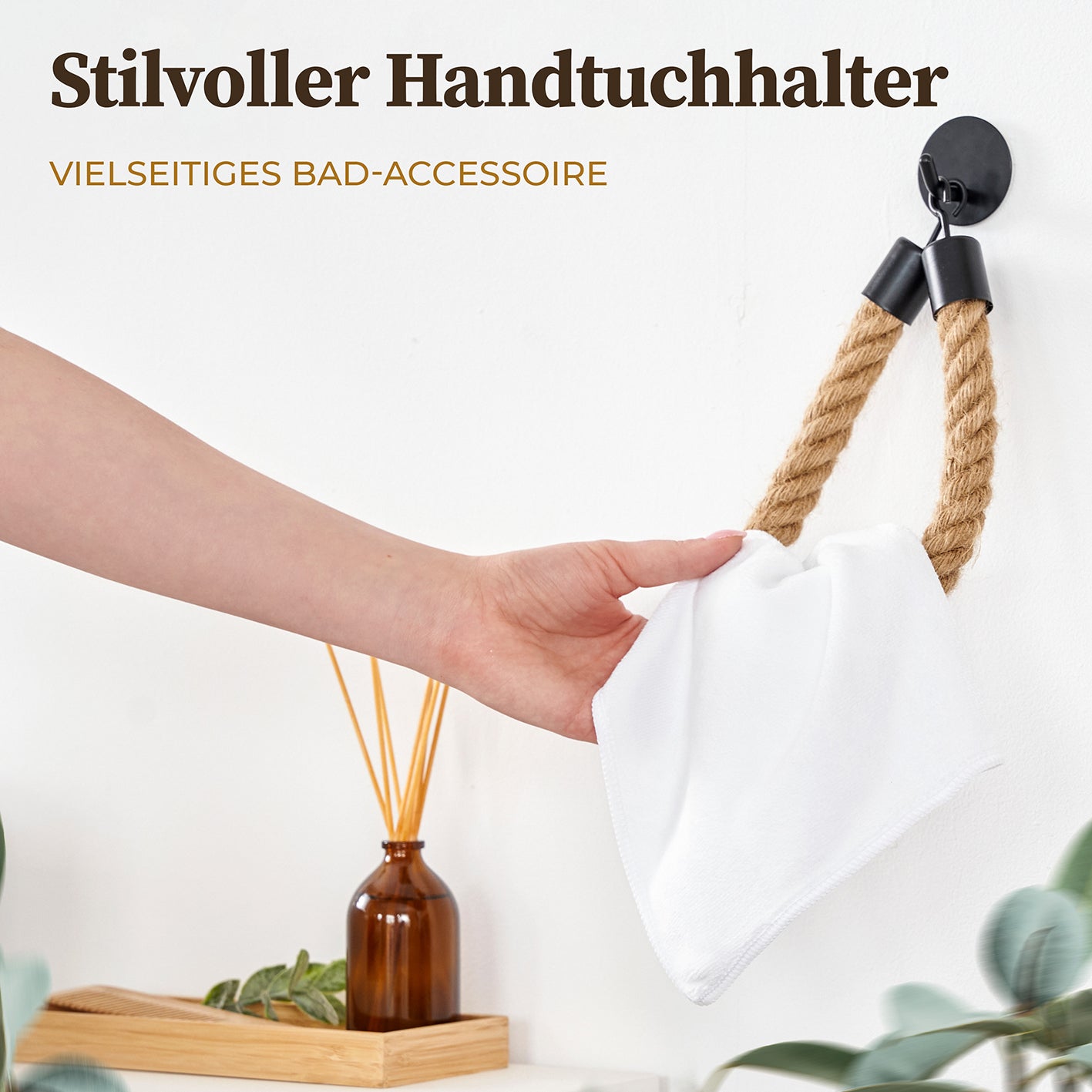 Toilettenpapierhalter ohne Bohren - Mattschwarz mit rustikalem Jute-Seil als stilvoller und praktischer Bad-Accessoire.