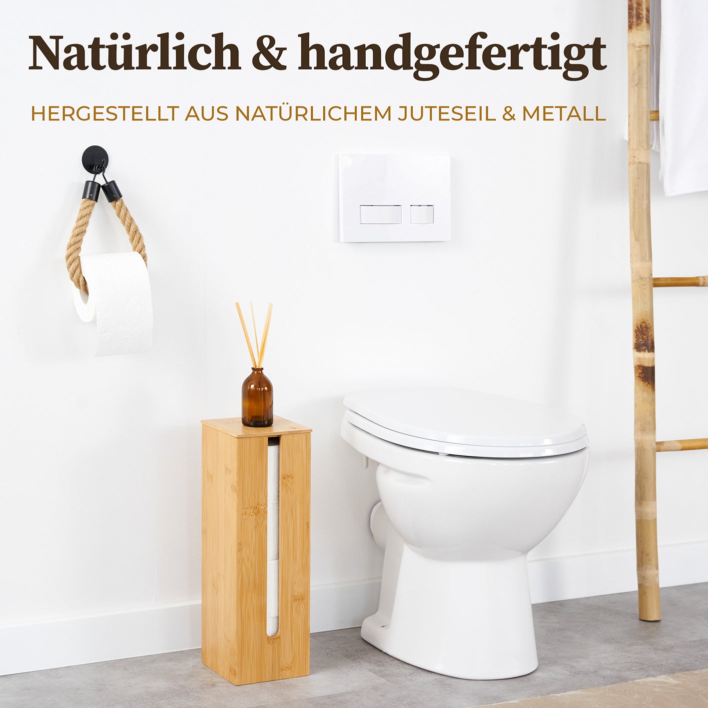 Toilettenpapierhalter ohne Bohren - Mattschwarz aus Juteseil und Metall, natürlich, handgefertigt und stilvoll für modernes Bad.