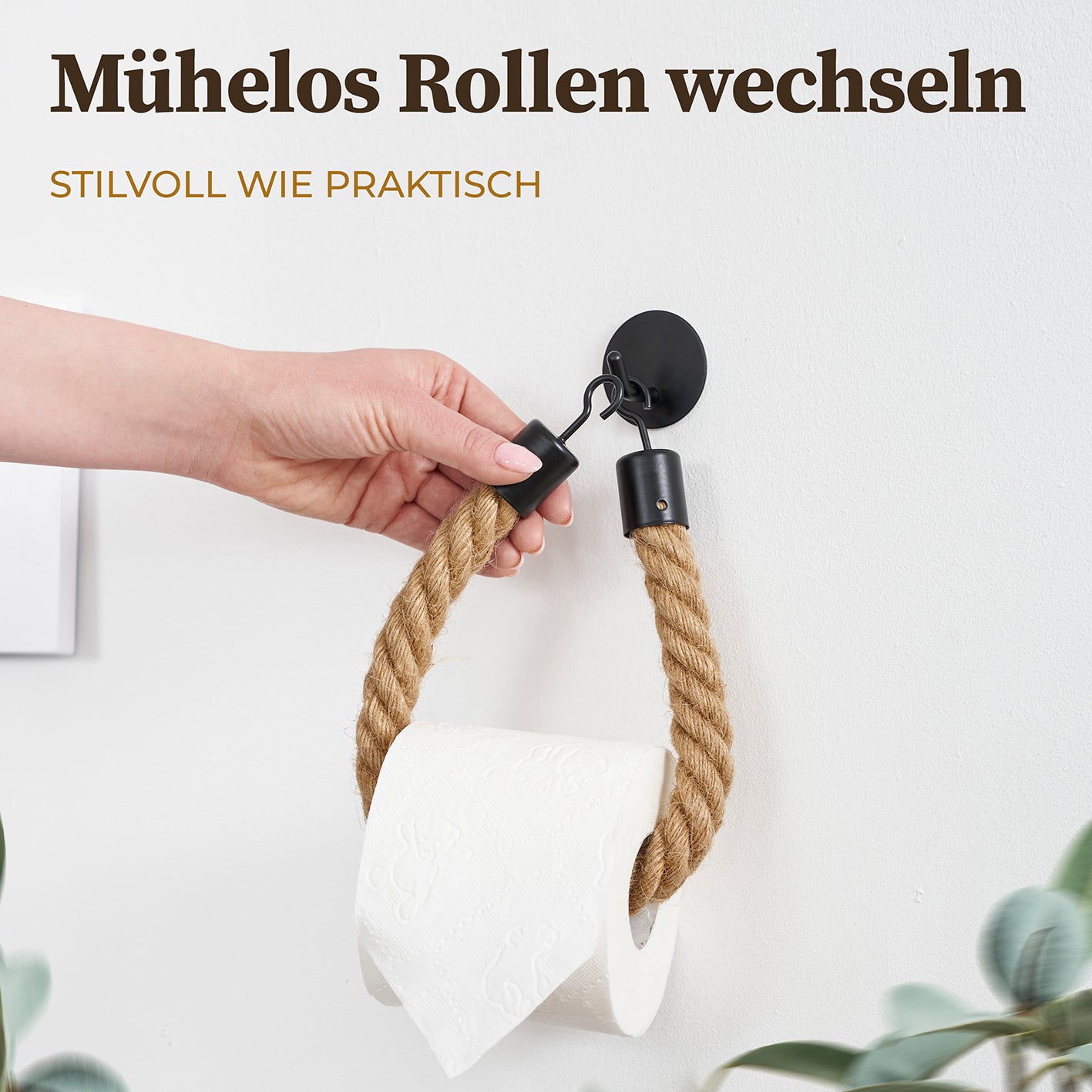 Toilettenpapierhalter ohne Bohren - Mattschwarz mit Jutekordel an weißer Wand, einfache Rolle wechseln, stilvoll und praktisch