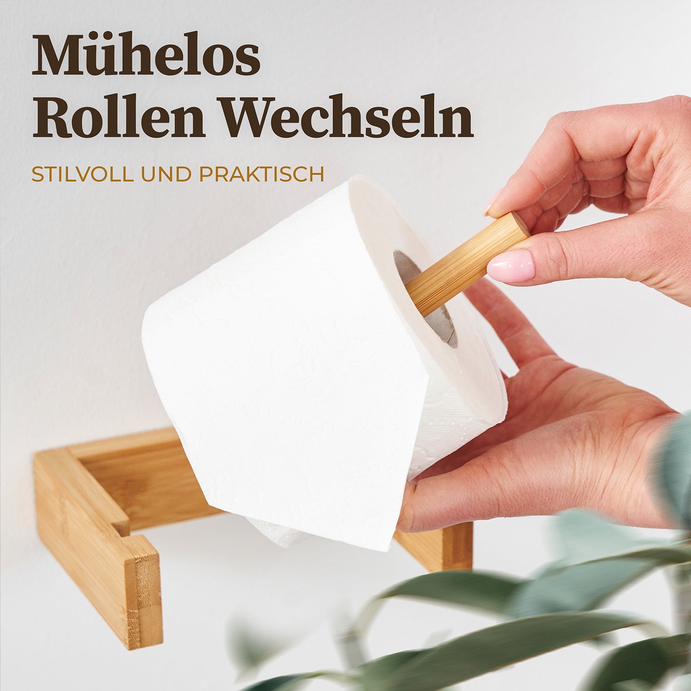 Toilettenpapierhalter Bambus zeigt einfaches und schnelles Wechseln der Rolle mit elegantem, praktischem Design aus nachhaltigem Bambus.