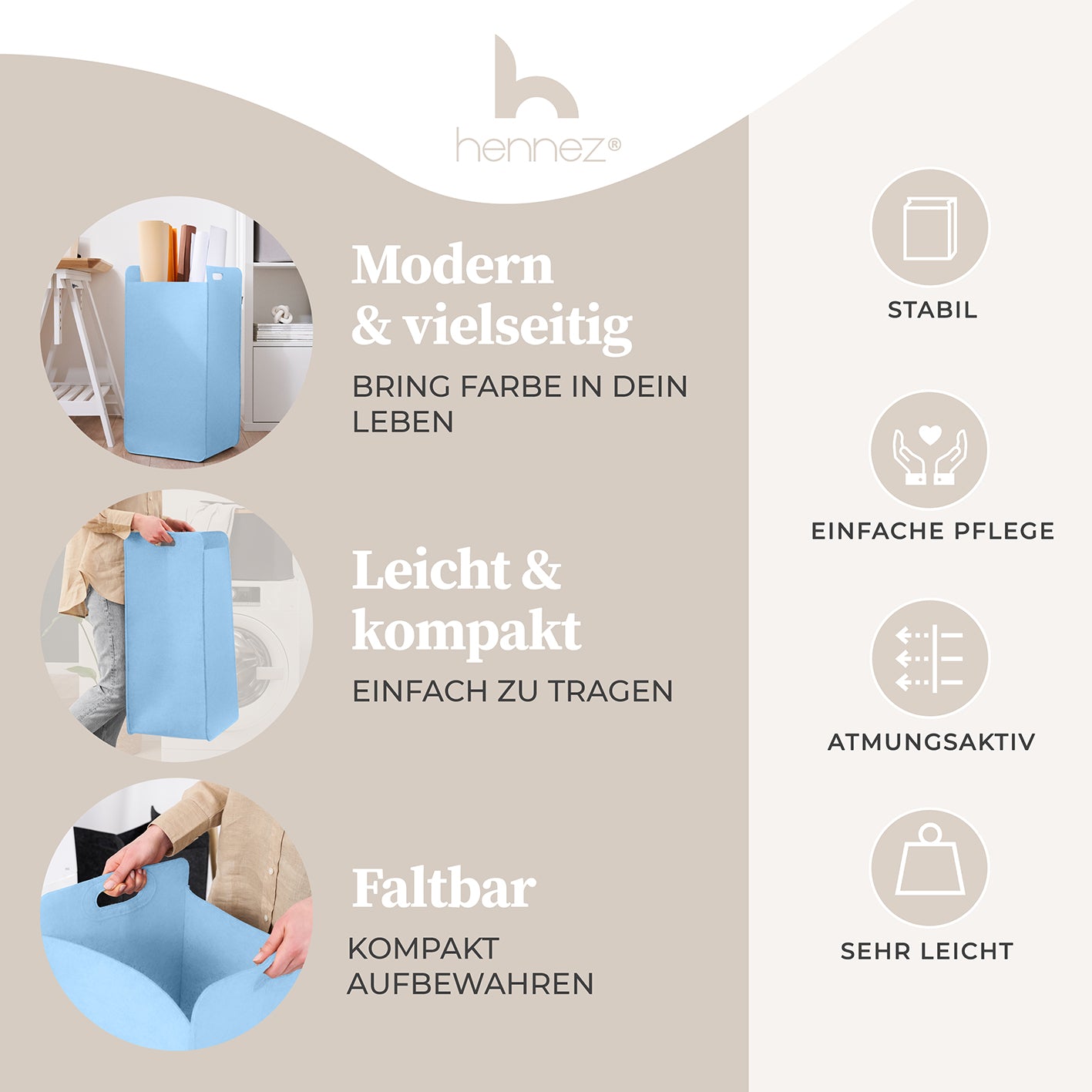 Filz-Aufbewahrungskorb "Katy" 75 l - Blau, großer, faltbarer Wäschesammler mit Griffen, stabil und leicht transportierbar.