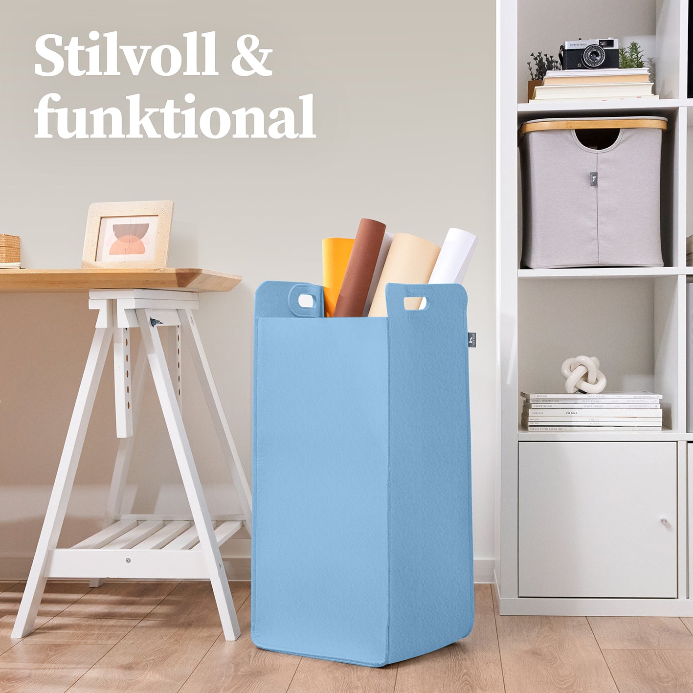 Filz-Aufbewahrungskorb "Katy" 75 l - Blau, großer faltbarer Wäschesammler mit Griffen, platzsparend und vielseitig einsetzbar.