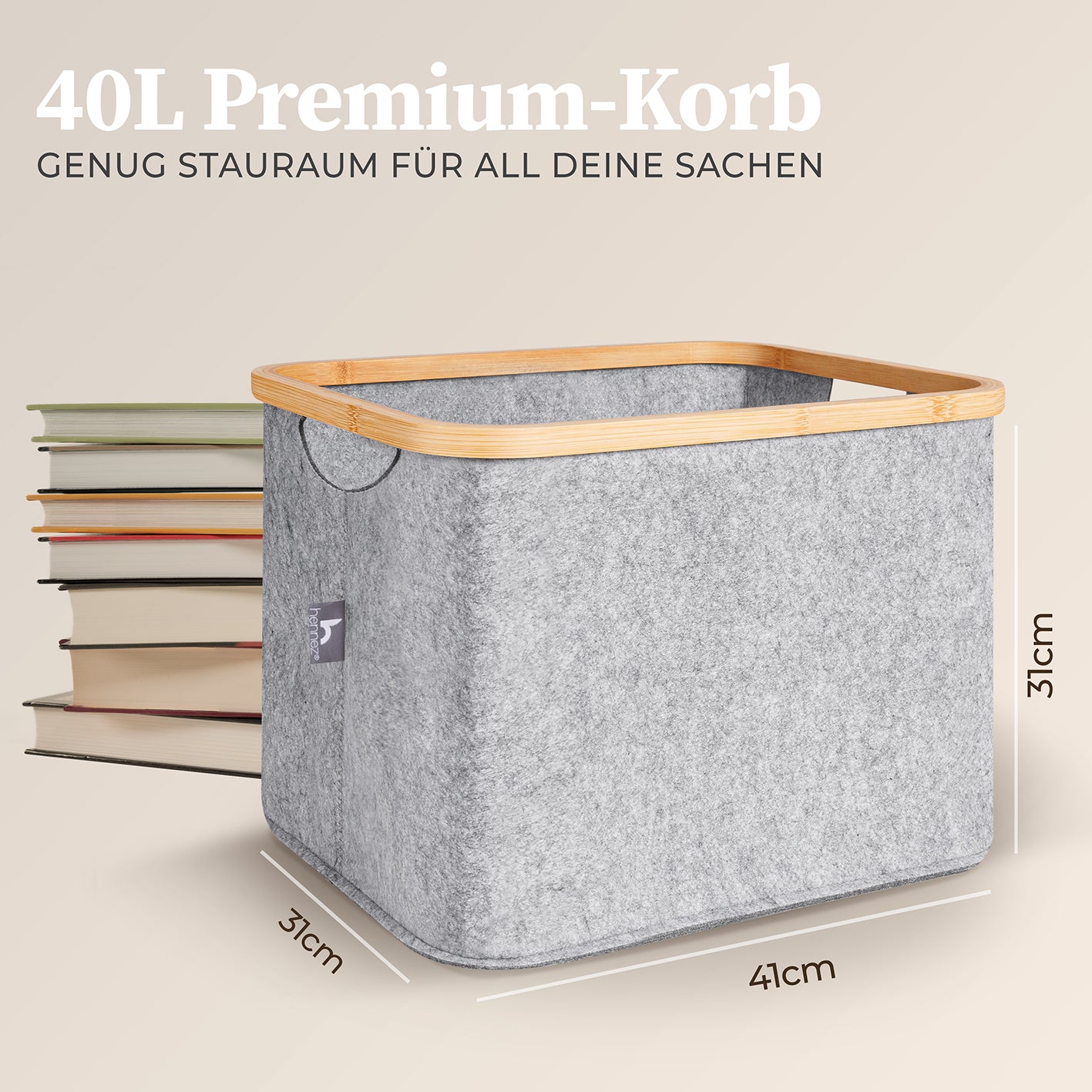 Aufbewahrungskorb "Laura" 40 l Hellgrau, stabiler faltbarer Filzkorb mit Bambusrahmen, ideal für Kallax-Regale und vielseitige Aufbewahrung.