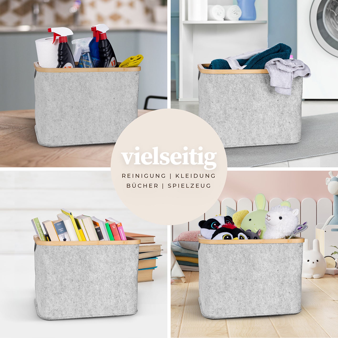 Aufbewahrungskorb "Laura" 40 l - Hellgrau mit Bambusrahmen, vielseitig für Spielzeug, Bücher, Wäsche und Reinigung im Kallax-Regal.