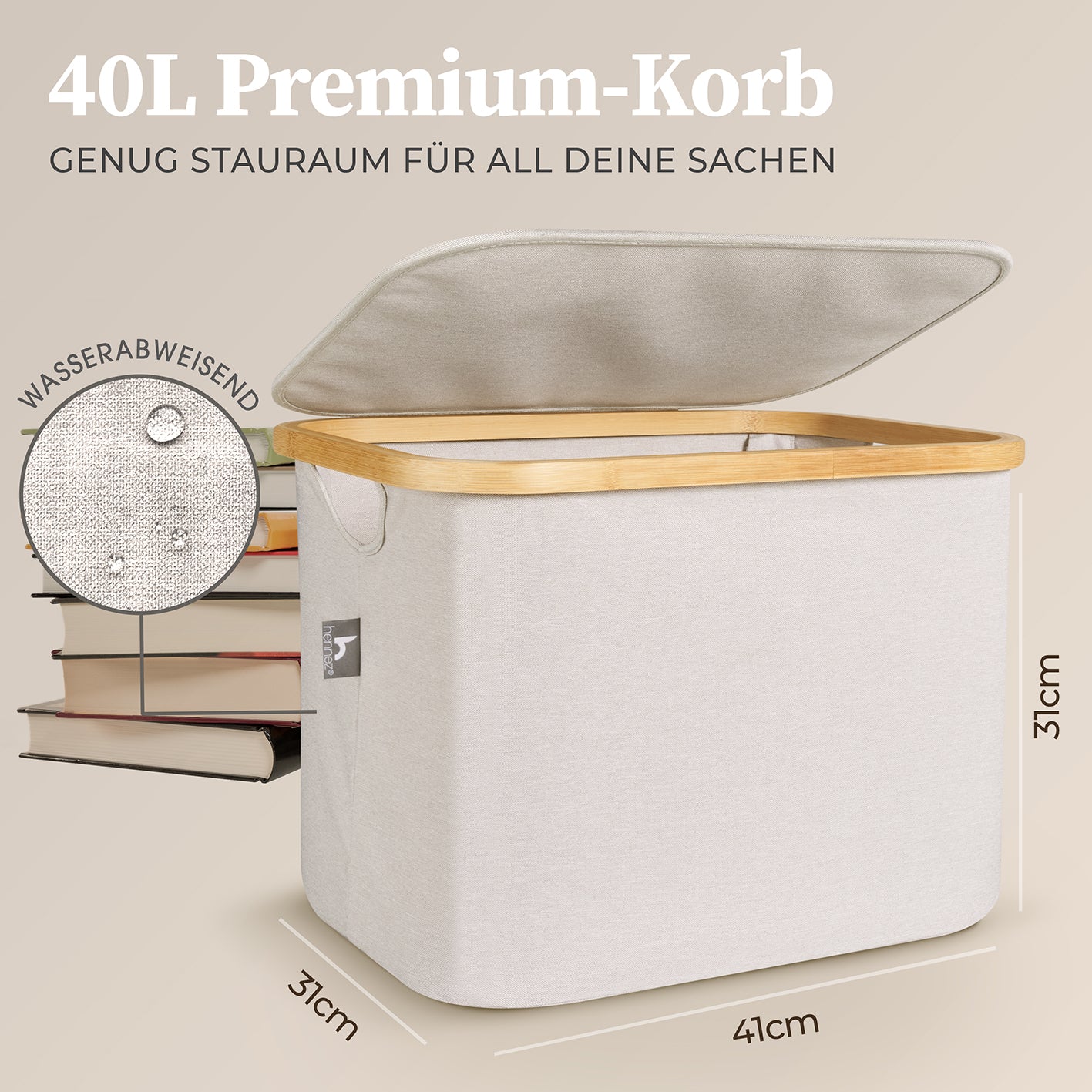 Aufbewahrungskorb "Adrian" 40 l mit Deckel beige, wasserabweisend, faltbar, ideal für Wäsche und Ordnung im IKEA Kallax Regal.
