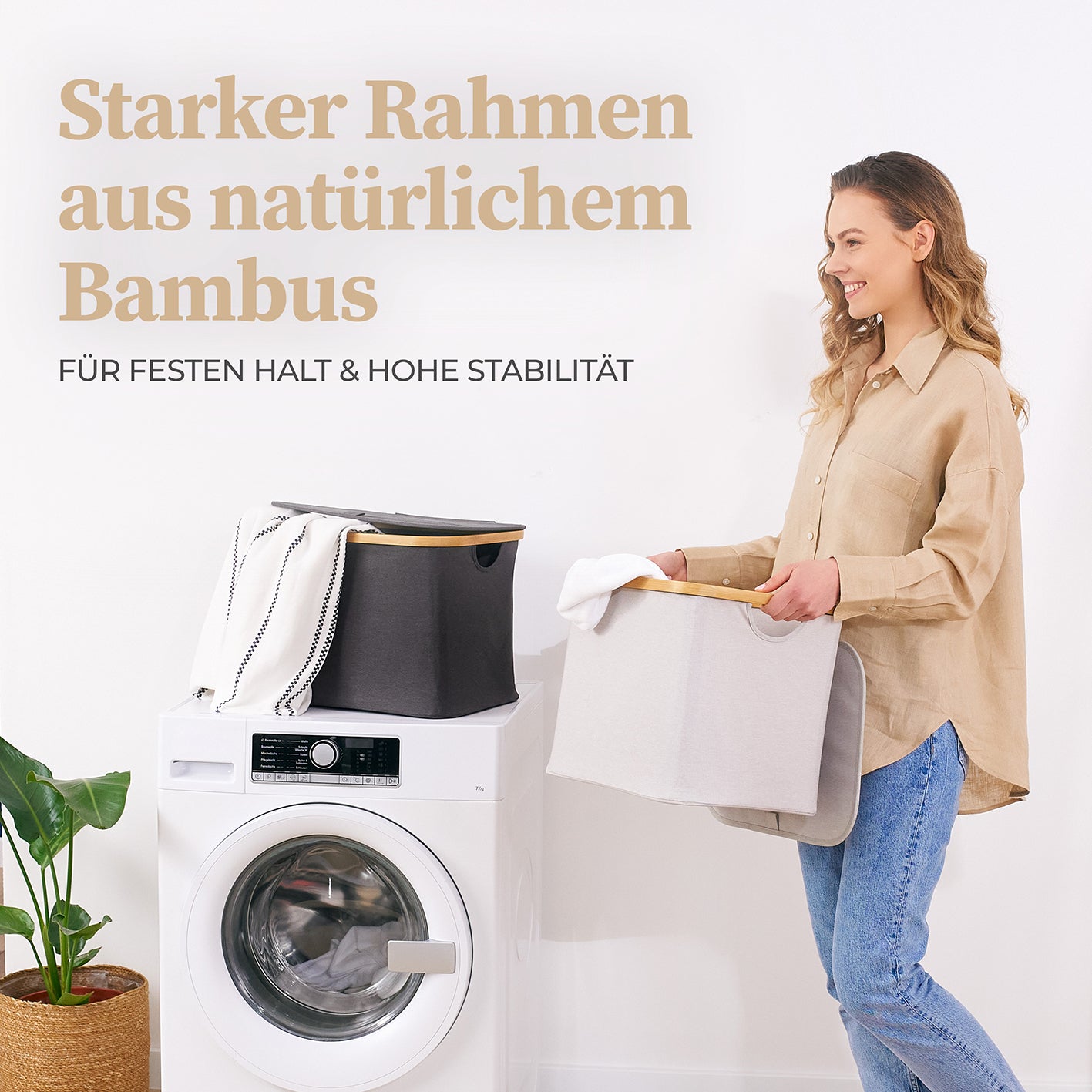 Aufbewahrungskorb "Adrian" 40 l mit Deckel in Beige, stabiler Bambusrahmen, ideal für diskrete Wäscheaufbewahrung und IKEA Kallax.