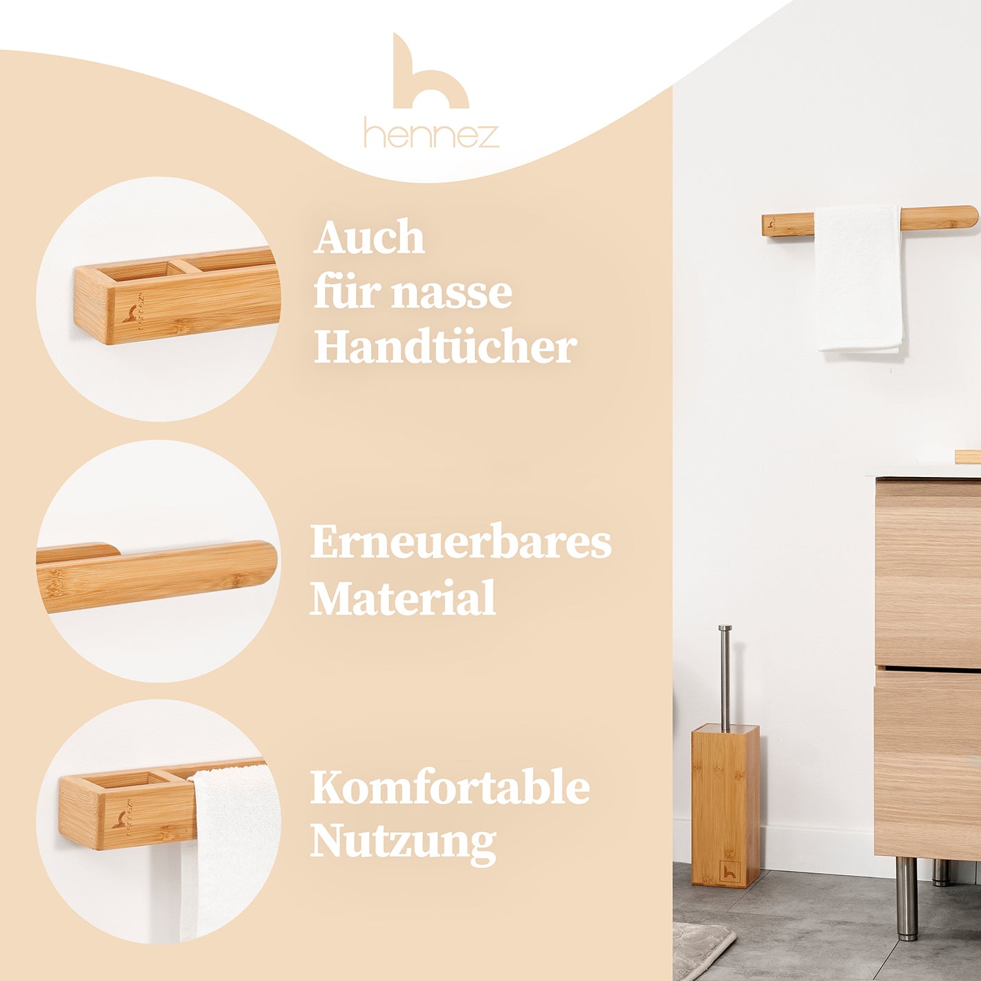 Handtuchhalter Bambus zur einfachen Montage mit 3M Klebeband, platzsparend, nachhaltig und für nasse Handtücher geeignet.