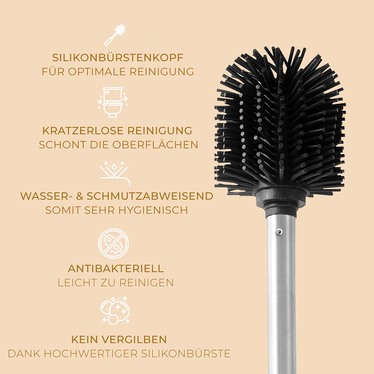 Toilettenbürste Silikon - Bambus Bürstenhalter mit antibakteriellem Silikonbürstenkopf, kratzlos, schnelltrocknend und hygienisch.