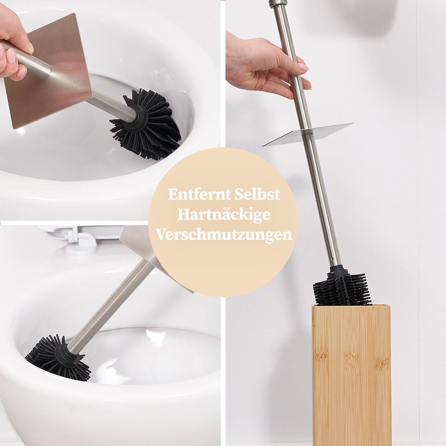 Toilettenbürste Silikon - Bambus Bürstenhalter, antibakteriell, schnell trocknend, mit hygienischem Silikonbürstenkopf und nachhaltigem Bambusständer.