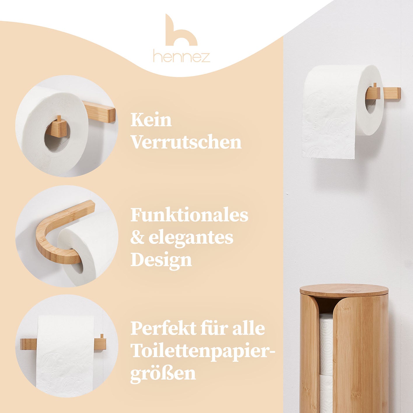 Toilettenpapierhalter ohne Bohren - Bambus mit minimalistischer U-Form, selbstklebend, stabil und passend für alle Toilettenpapiergrößen.