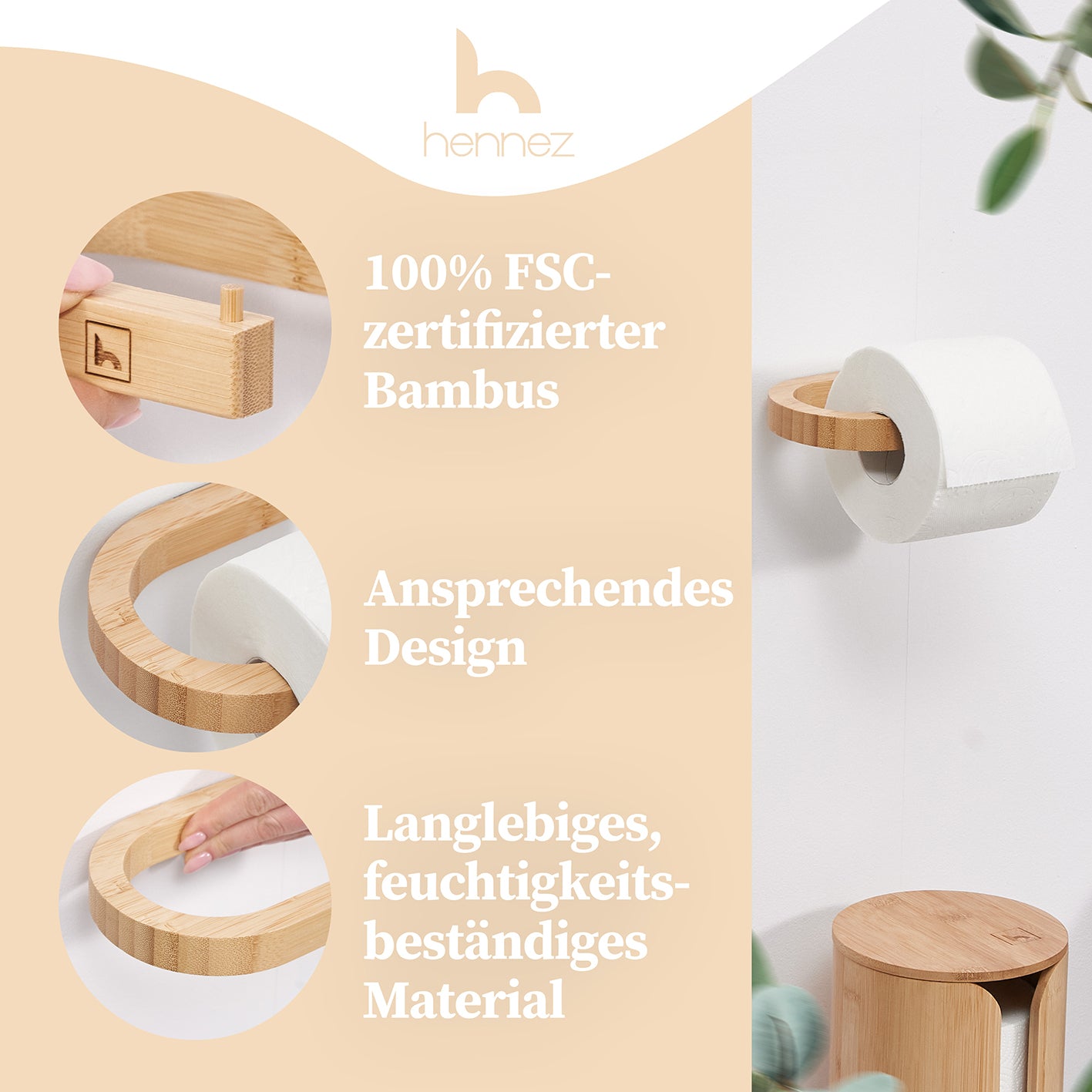 Toilettenpapierhalter ohne Bohren - Bambus aus FSC-zertifiziertem Bambus mit ansprechendem Design und langlebigem, feuchtigkeitsbeständigem Material.