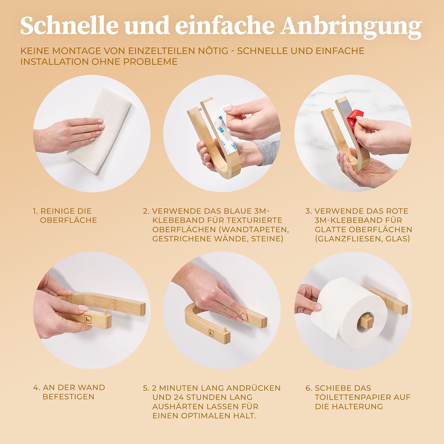 Anleitung zur schnellen Montage des Toilettenpapierhalter ohne Bohren - Bambus mit selbstklebenden Klebebändern für alle Oberflächen.