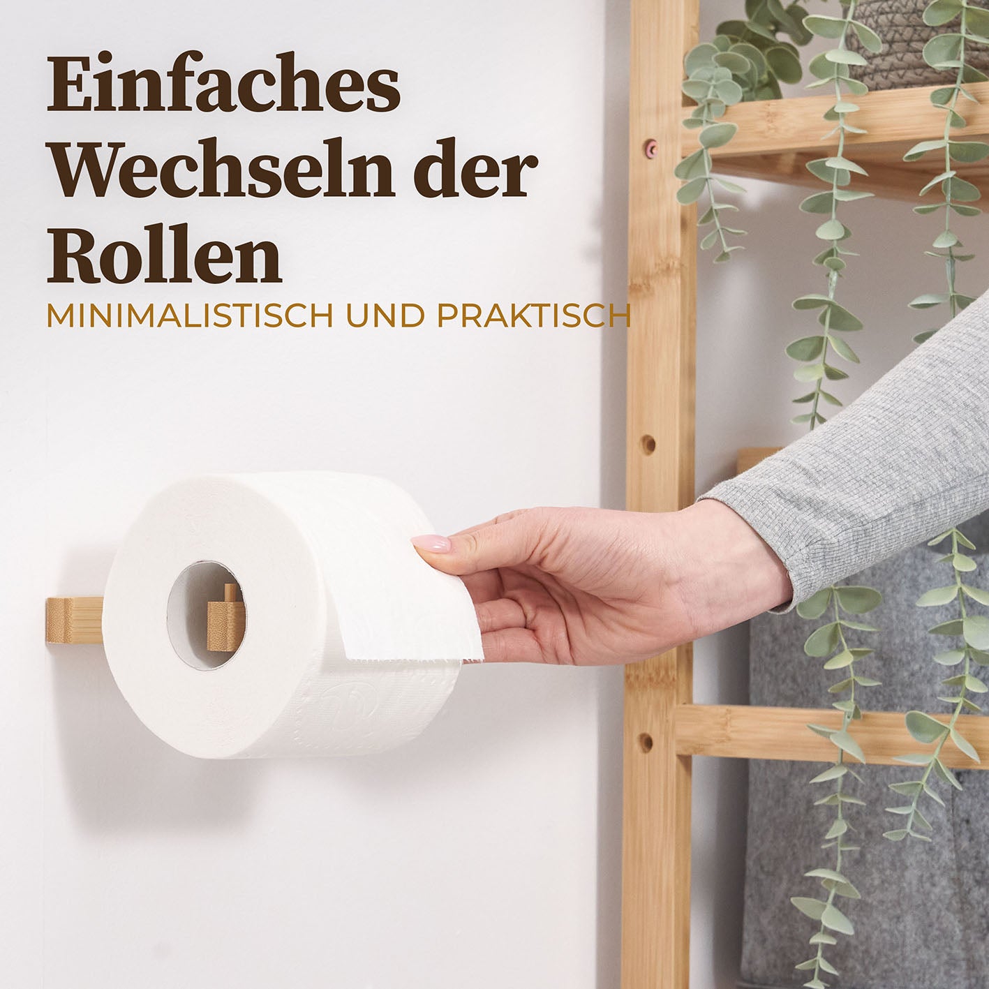 Toilettenpapierhalter ohne Bohren - Bambus mit einfachem Rollenwechsel, minimalistisch und selbstklebend für modernes Badezimmerdesign.