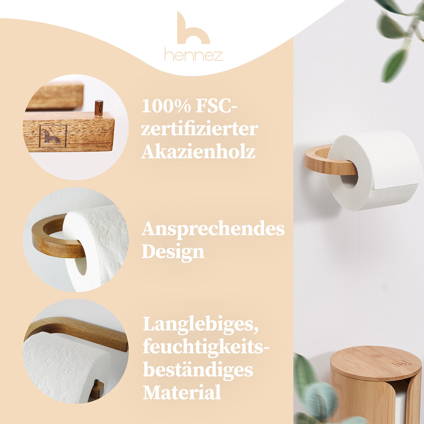 Toilettenpapierhalter ohne Bohren - Akazie aus FSC-zertifiziertem Holz mit langlebigem, feuchtigkeitsbeständigem Design für moderne Bäder.