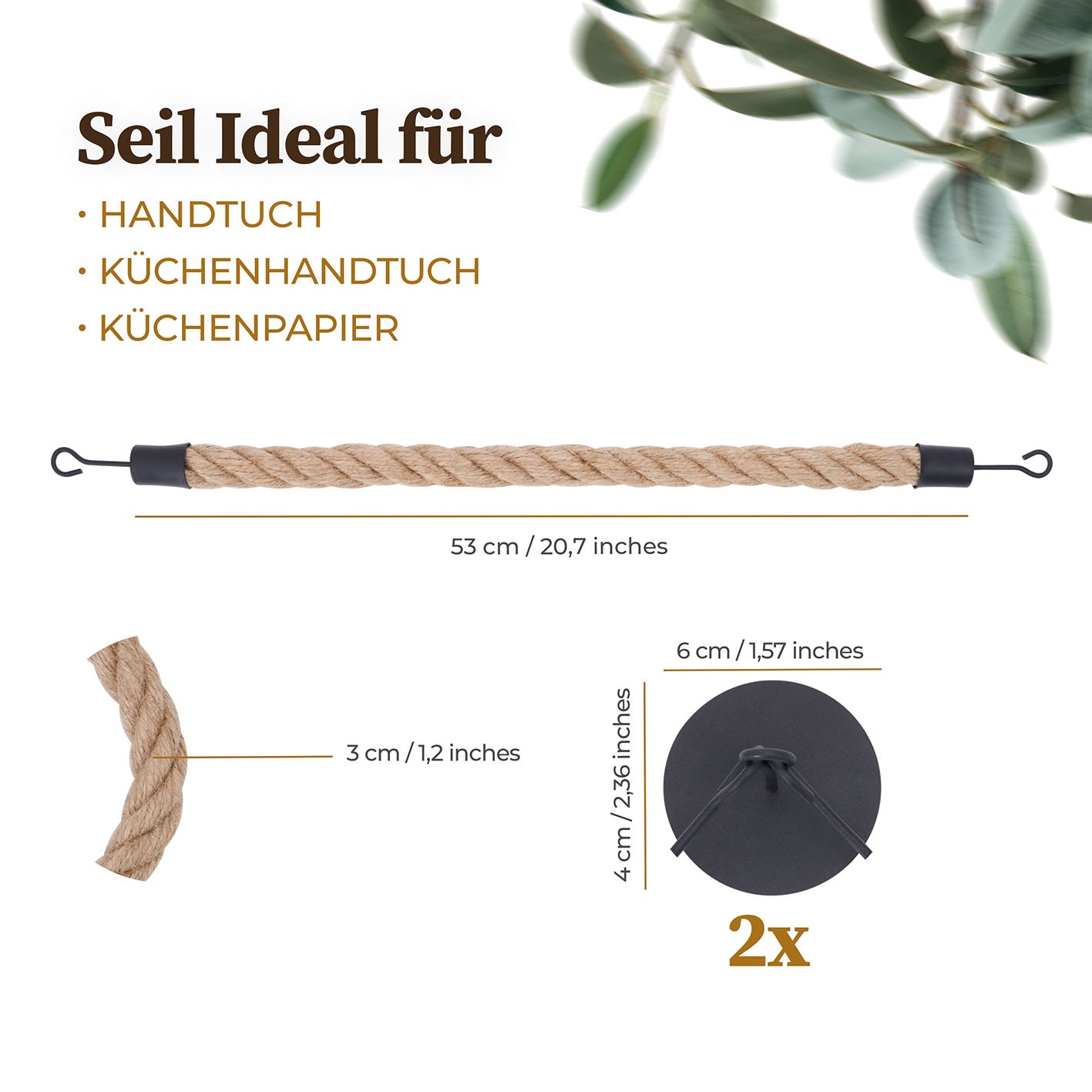 Handtuchhalter - Braun/Schwarz aus Jute und Metall, 53 cm lang, vielseitig für Handtücher und Küchenpapier, ohne Bohren.