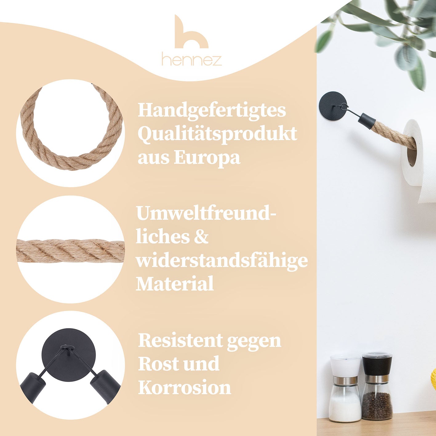 Handtuchhalter - Braun/Schwarz aus Jute und Metall, handgefertigt, rostfrei, mit 3M-Klebeband für starke Haftung ohne Bohren.