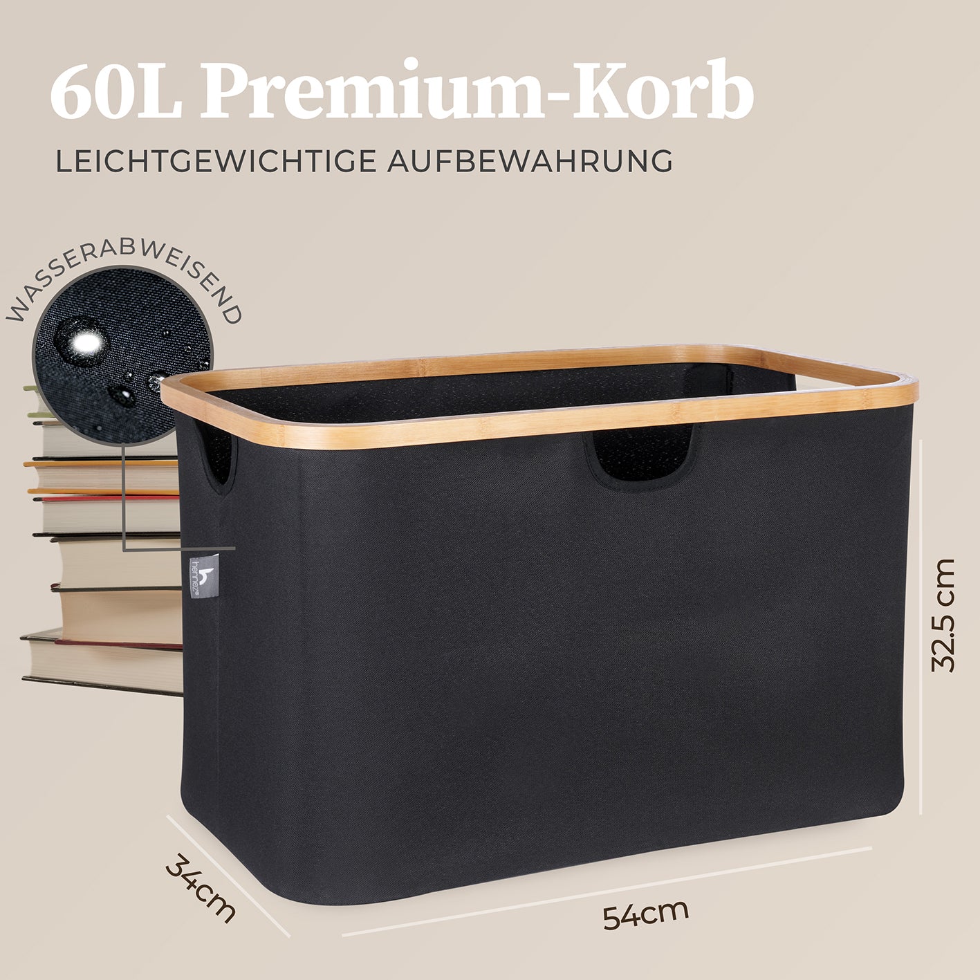 Aufbewahrungskorb "Adrian" 60 l schwarz mit Bambusrahmen, faltbar, stabil, wasserabweisend und vielseitig für Zuhause und Wäsche.