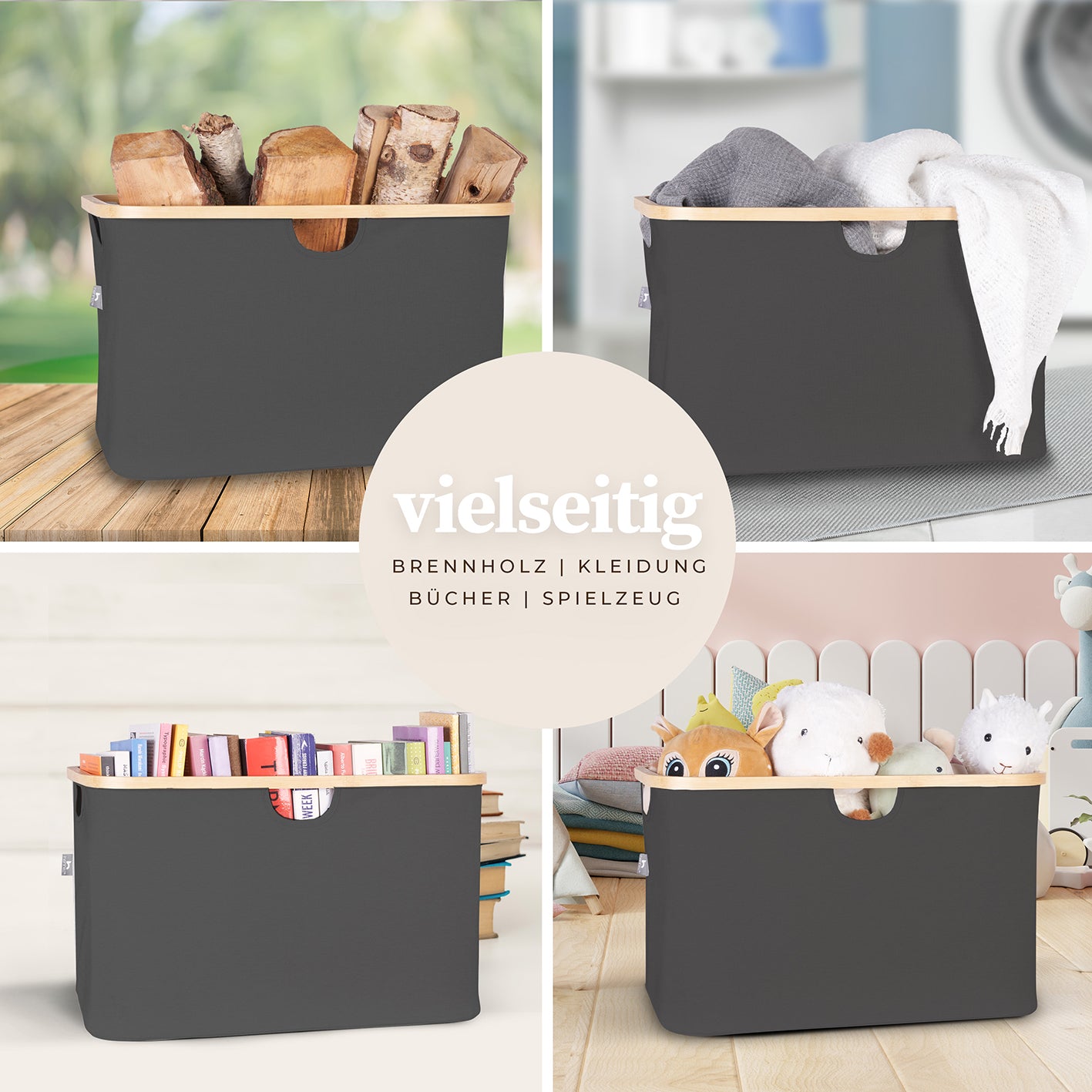 Aufbewahrungskorb "Adrian" 60 l - Schwarz, faltbar, stabil mit Bambusrahmen, vielseitig für Wäsche, Spielzeug, Bücher und Brennholz.