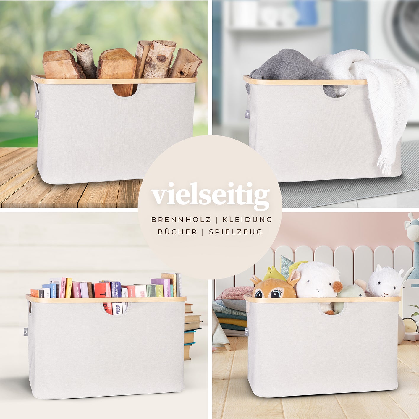 Aufbewahrungskorb "Adrian" 60 l Schwarz, faltbar, stabil mit Bambusrahmen, vielseitig für Wäsche, Spielzeug, Bücher, Kleidung und Brennholz.