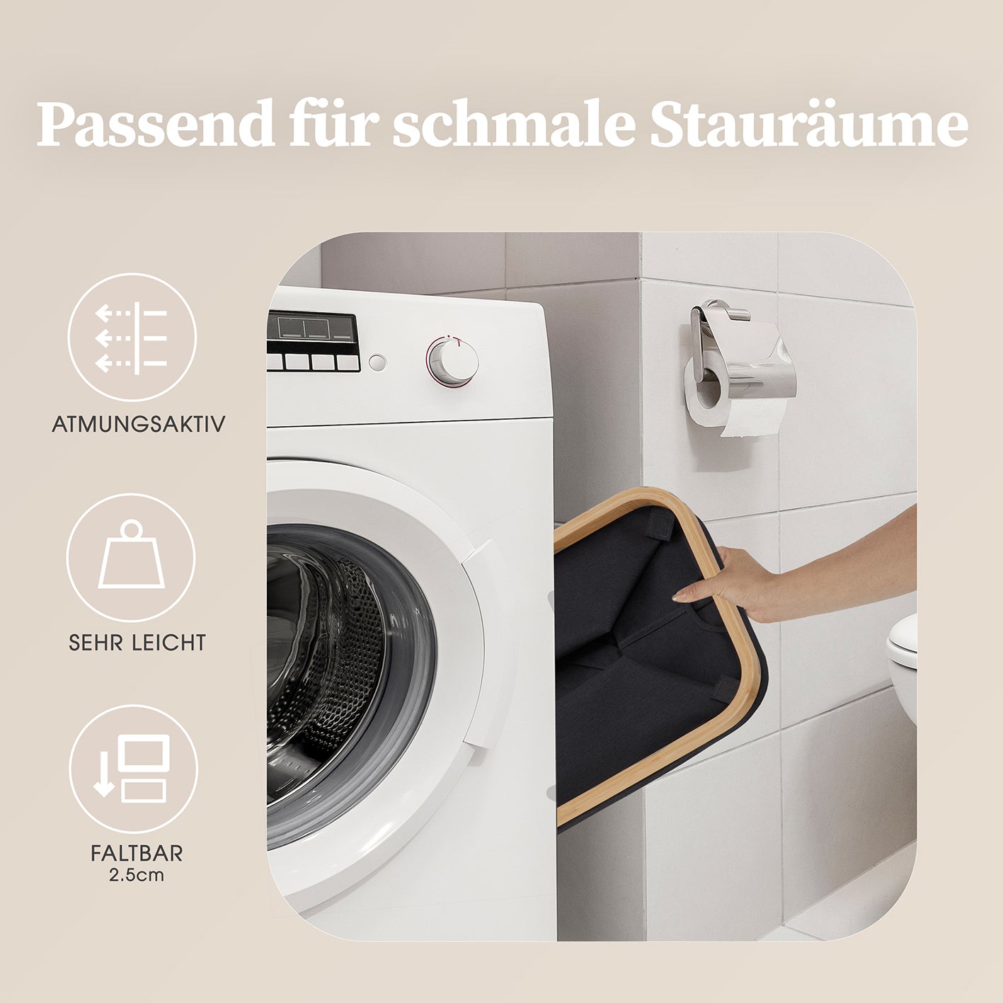 Aufbewahrungskorb "Adrian" 60 l Schwarz – faltbar, luftdurchlässig, leichter Wäschekorb mit Bambusrahmen für schmale Staurräume.