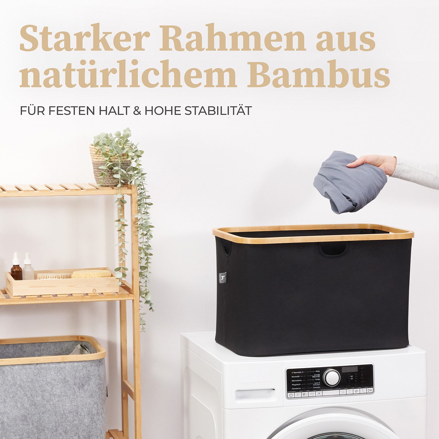 Aufbewahrungskorb "Adrian" 60 l Schwarz mit Bambusrahmen, faltbar, stabil, vielseitig für Wäsche, Spielzeug und mehr.